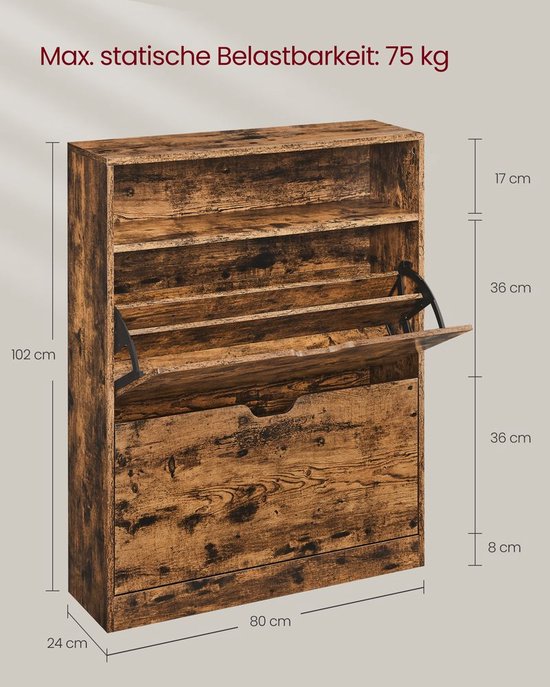 Veelzijdige Schoenenkast met 2 Lades - Vintage Bruin Hout voor 16 Paar – foto 2