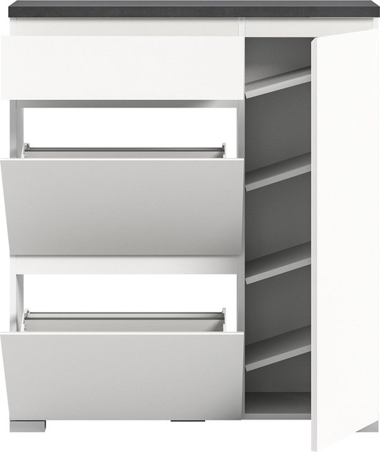 Witte Schoenenkast met Lade en Kleppen - Industrieel Grijs - 95x109x27cm – foto 3