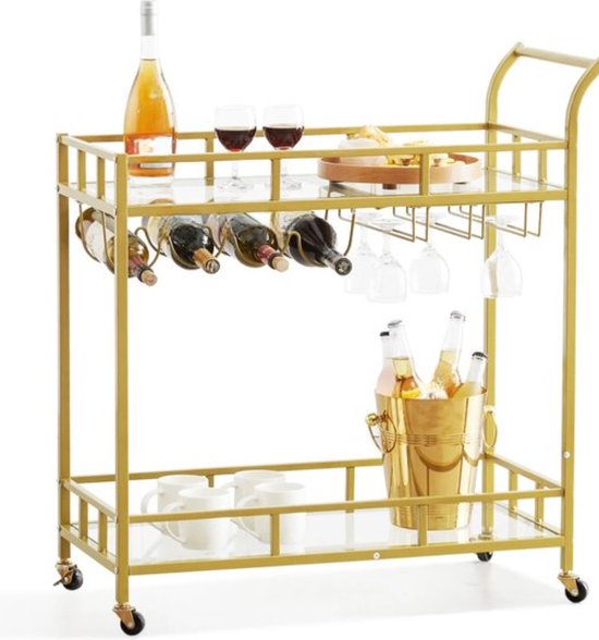 Luxe Serveerwagen met Glazen Plateaus en Gouden Afwerking – foto 3