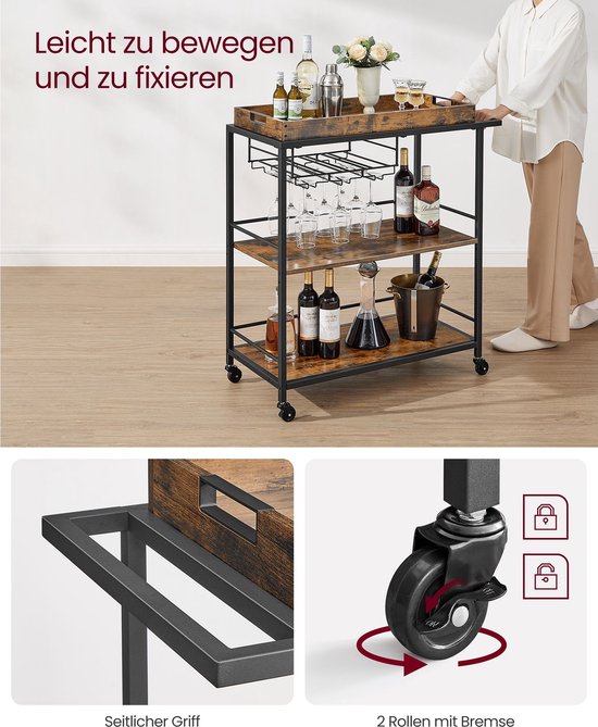 Veelzijdige Keukentrolley Serveerwagen met Dienblad en Verstelbare Opties, Vintage Bruin-Zwart – foto 5