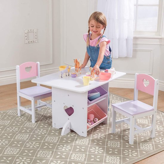Kindertafel met 2 Stoelen en Geïntegreerde Opbergruimte - Wit/Pastel – foto 6