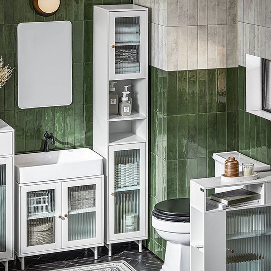 Elegante Hoge Kast met Glazen Deur voor Badkamer of Toilet - Wit MDF – foto 2