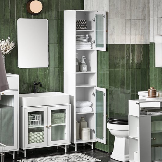 Elegante Hoge Kast met Glazen Deur voor Badkamer of Toilet - Wit MDF – foto 5