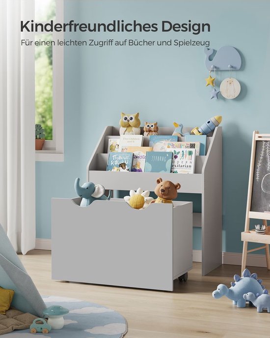 Grijze Kinderopbergkast met 3 Niveaus en Lade op Wielen – foto 5