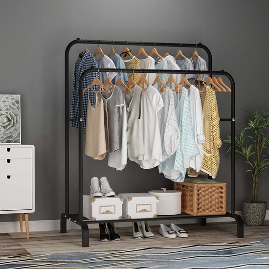 Vrijstaand Kledingrek met Dubbele Stang en Schoenenplank - Zwart Design – foto 6