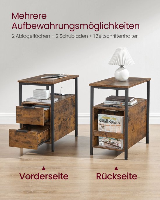 Multifunctionele Bijzettafel met Oplaadstation en Opbergruimte - Vintage Bruin/Zwart – foto 3