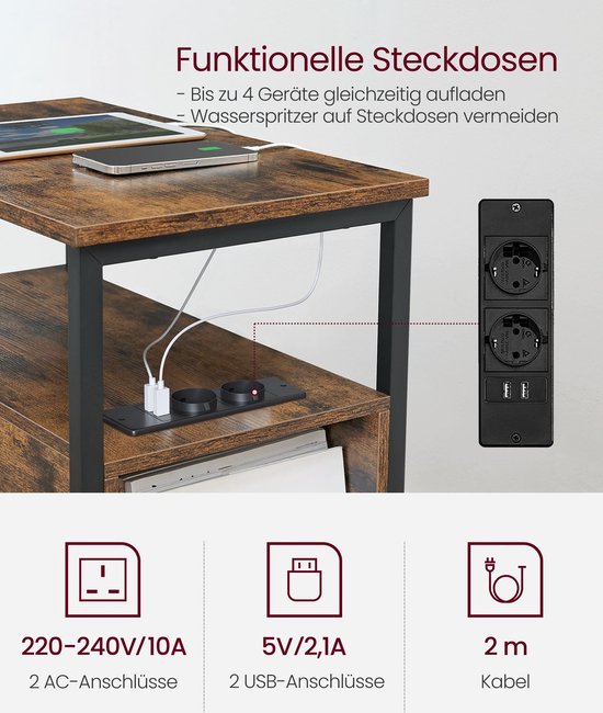 Multifunctionele Bijzettafel met Oplaadstation en Opbergruimte - Vintage Bruin/Zwart – foto 4