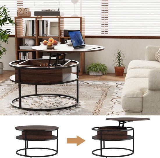 Verstelbare ronde salontafel met verborgen opbergruimte – Walnoot houtlook – foto 5