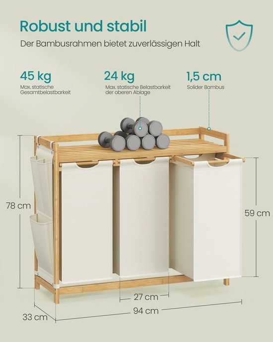 Wasmand met 3 vakken, 150 L – Crèmewit met bamboe frame – foto 2