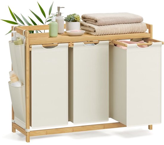 Wasmand met 3 vakken, 150 L – Crèmewit met bamboe frame – foto 3