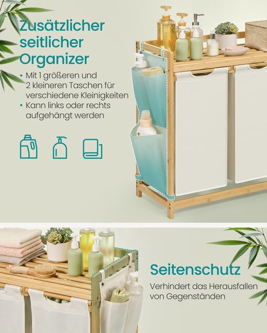 Wasmand met 3 vakken, 150 L – Crèmewit met bamboe frame – foto 5