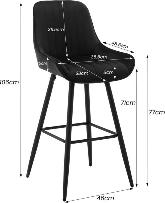 Set van 2 Barkrukken - Zwart Fluweel met Ergonomische Rugleuning en Voetsteun – foto 5