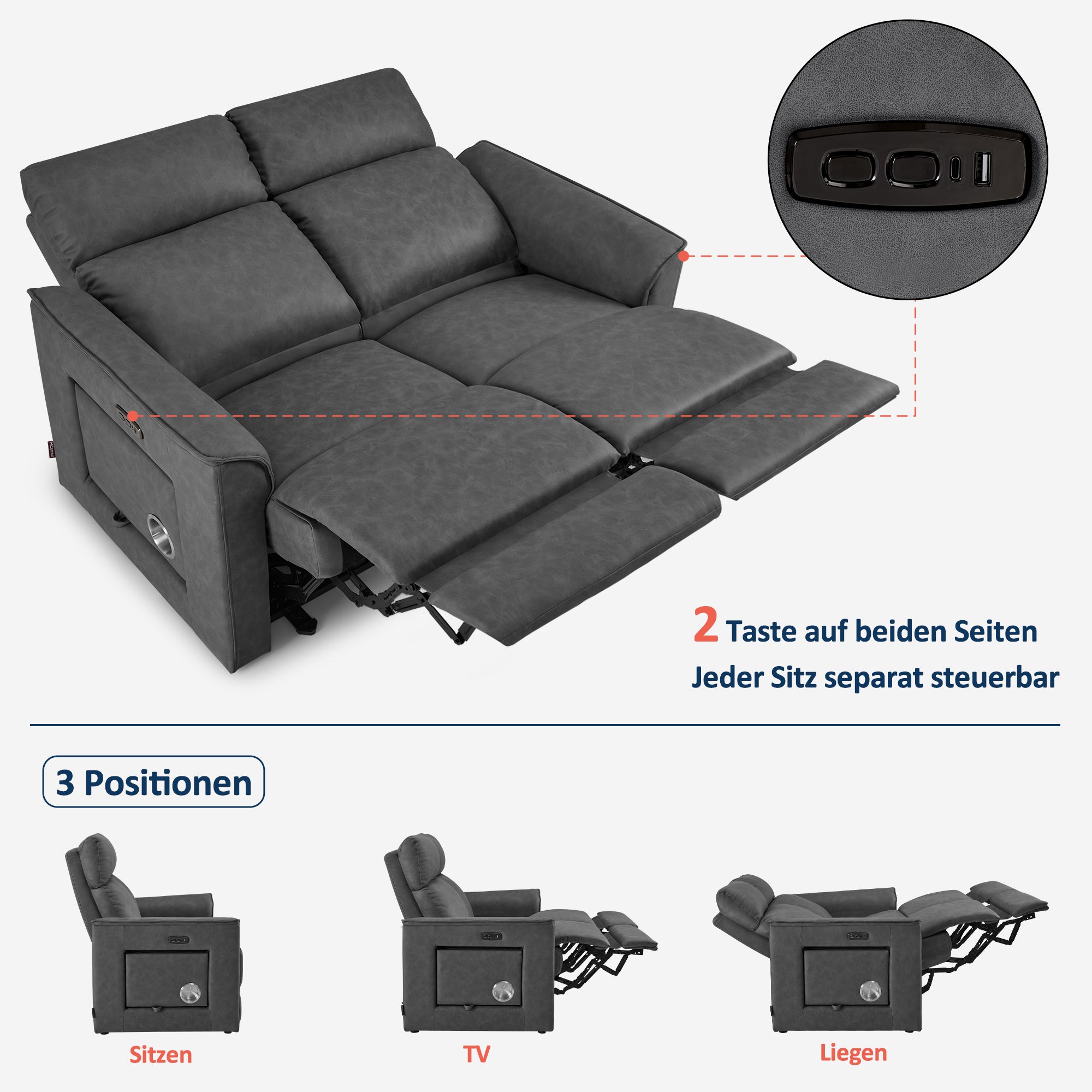 2-zits elektrische relaxfauteuil, 155° Zero-Gravity-bioscoopstoel met inklapbare tafel – foto 6