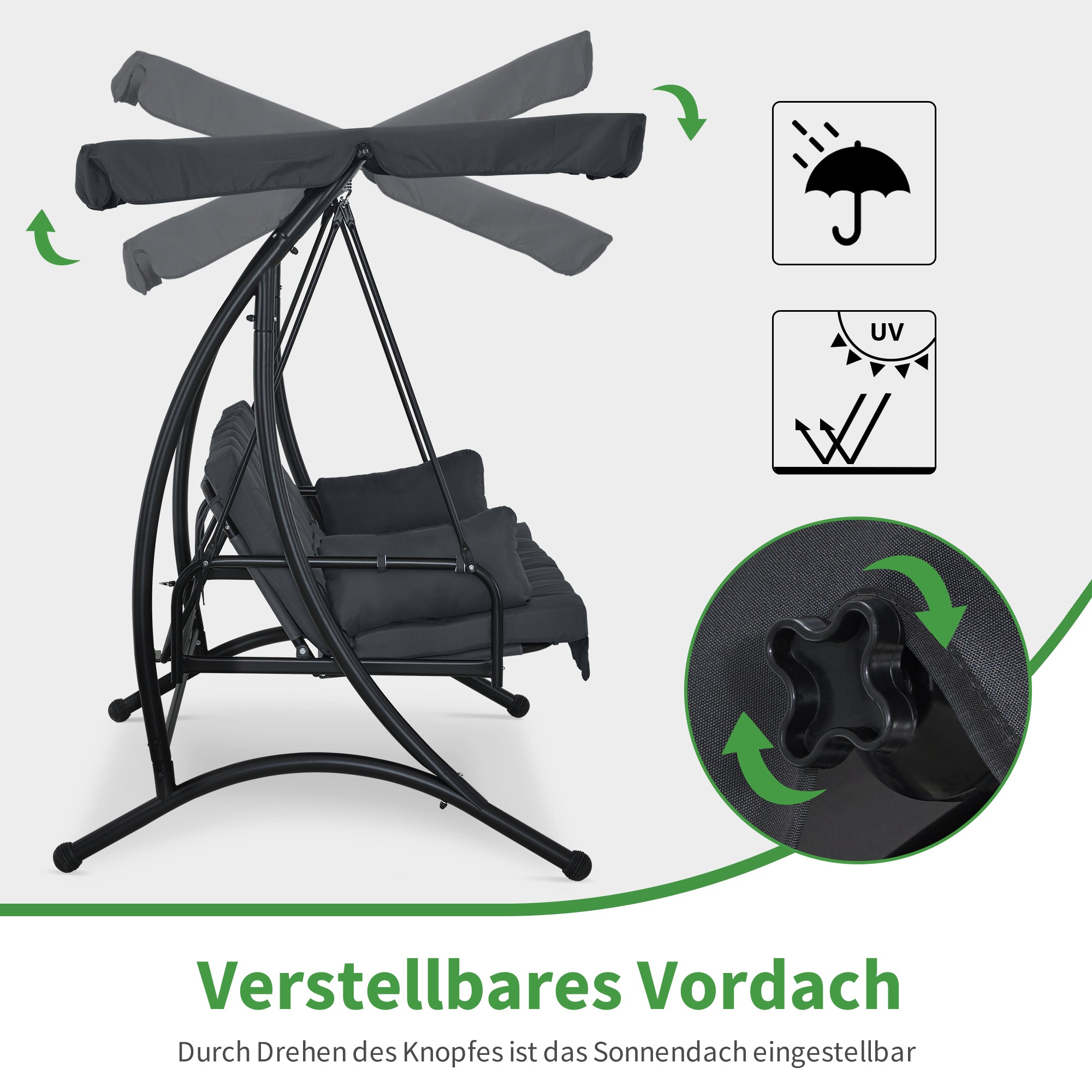 3-zits Hollywoodschommel met ligfunctie, extra dik kussen, zonnedak - 300kg – foto 6