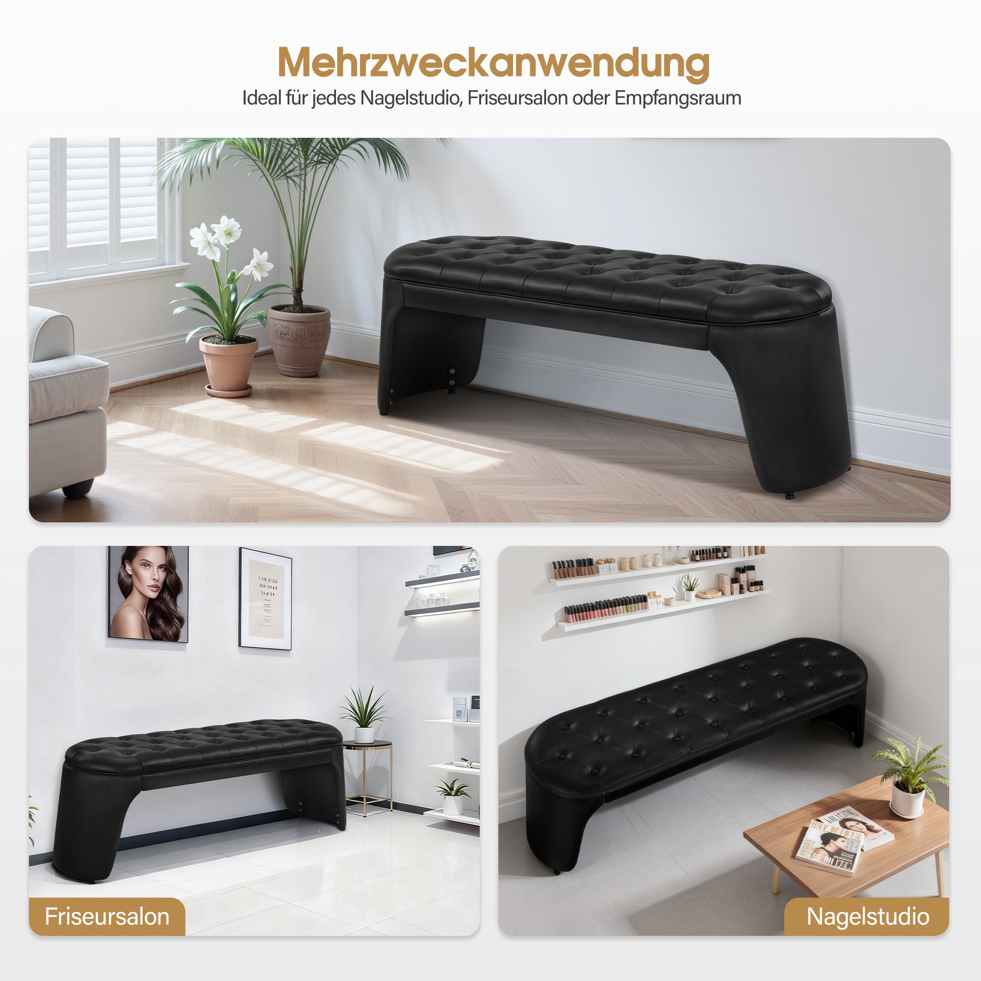 3-Zitsbank, 150cm Breed, Moderne Wachtbank, Gevoerde Bank Slaapkamer/Woonkamer/Hal W510 (Zwart/Kunstleer) – foto 6