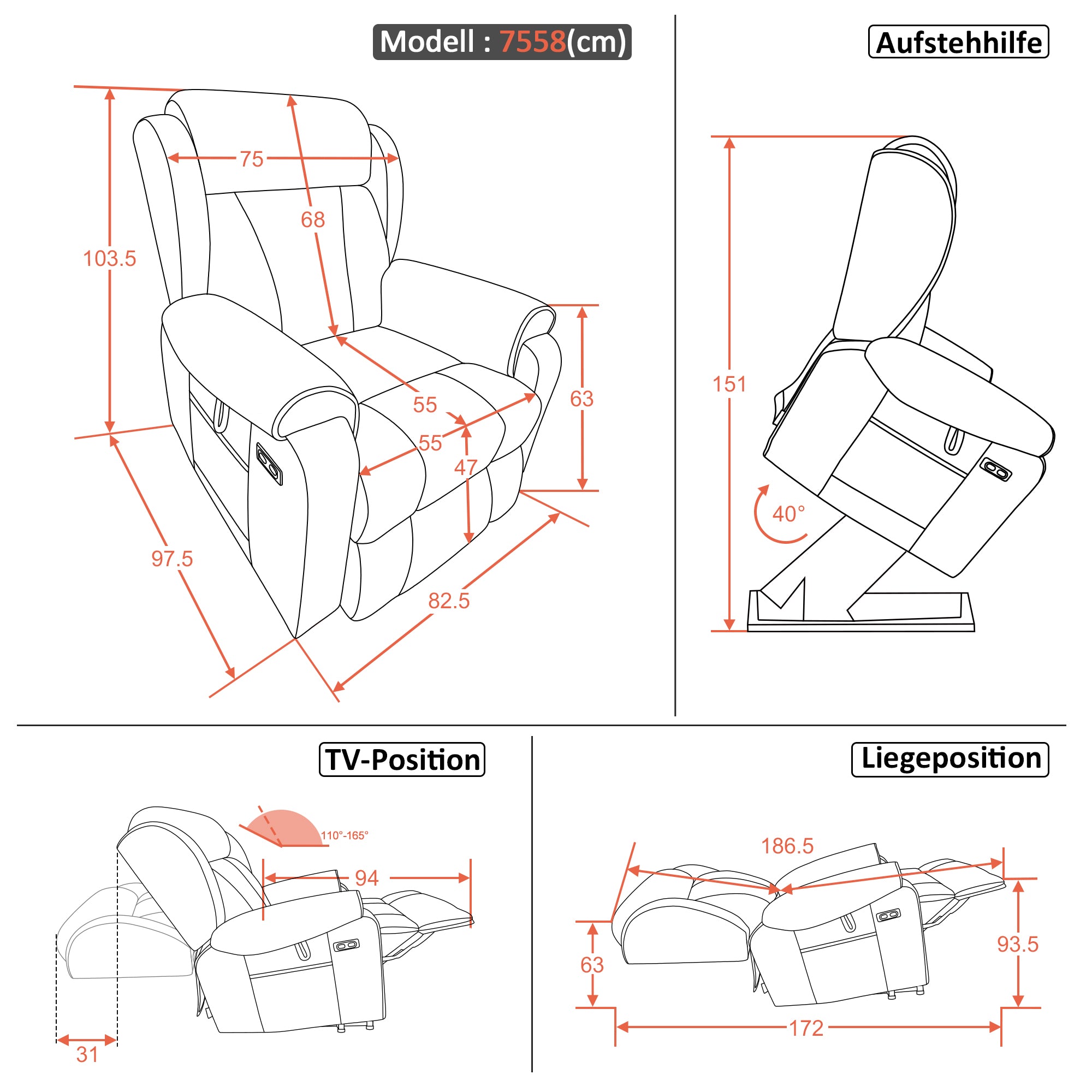 TV-fauteuil met 4 motoren, sta-op hulp, elektrisch verstelbaar, massage & verwarming, 7558 – foto 3