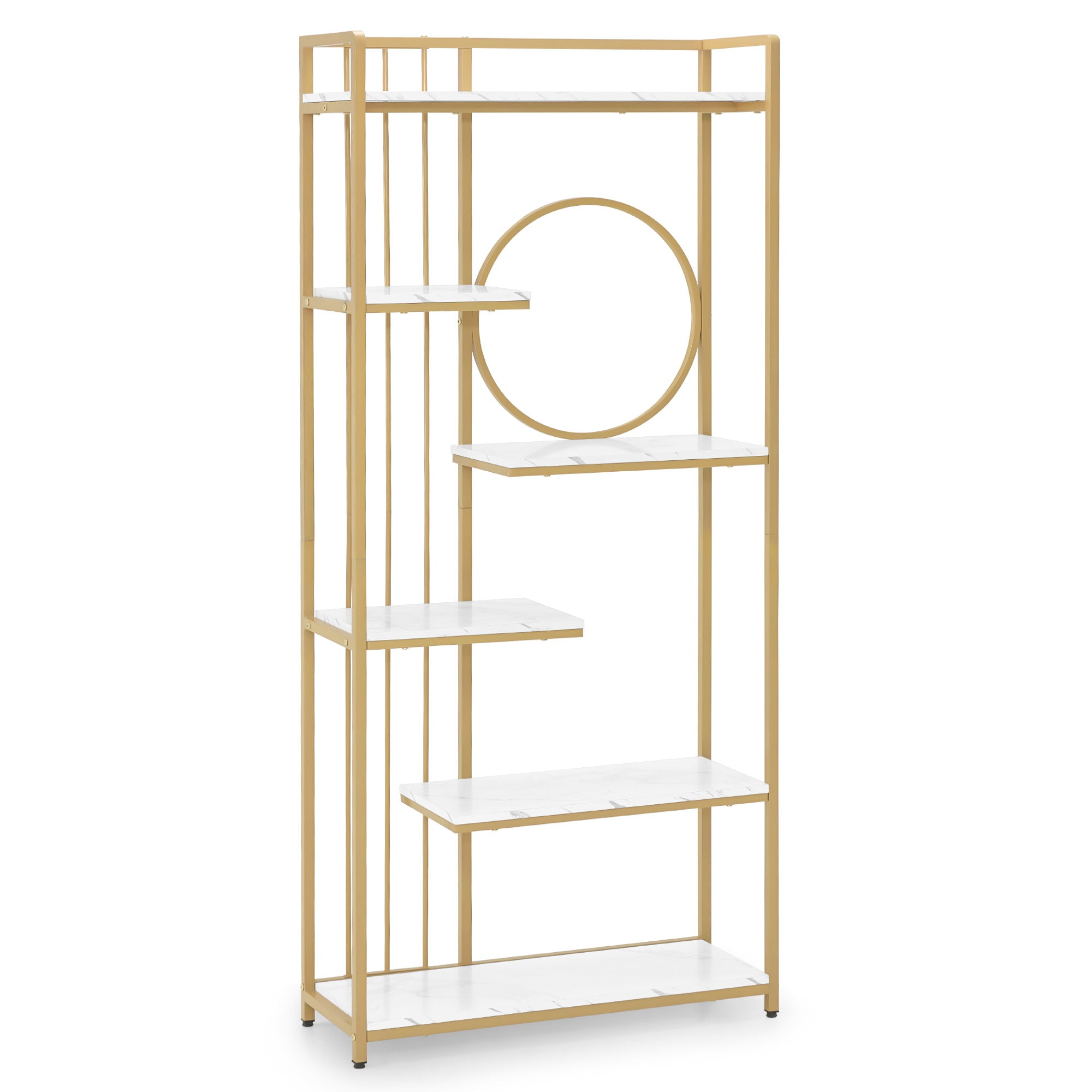 Boekenkast, staand rek met 6 niveaus, metaal, marmer-wit/goud, 30x80x180cm, 5180 – foto 1