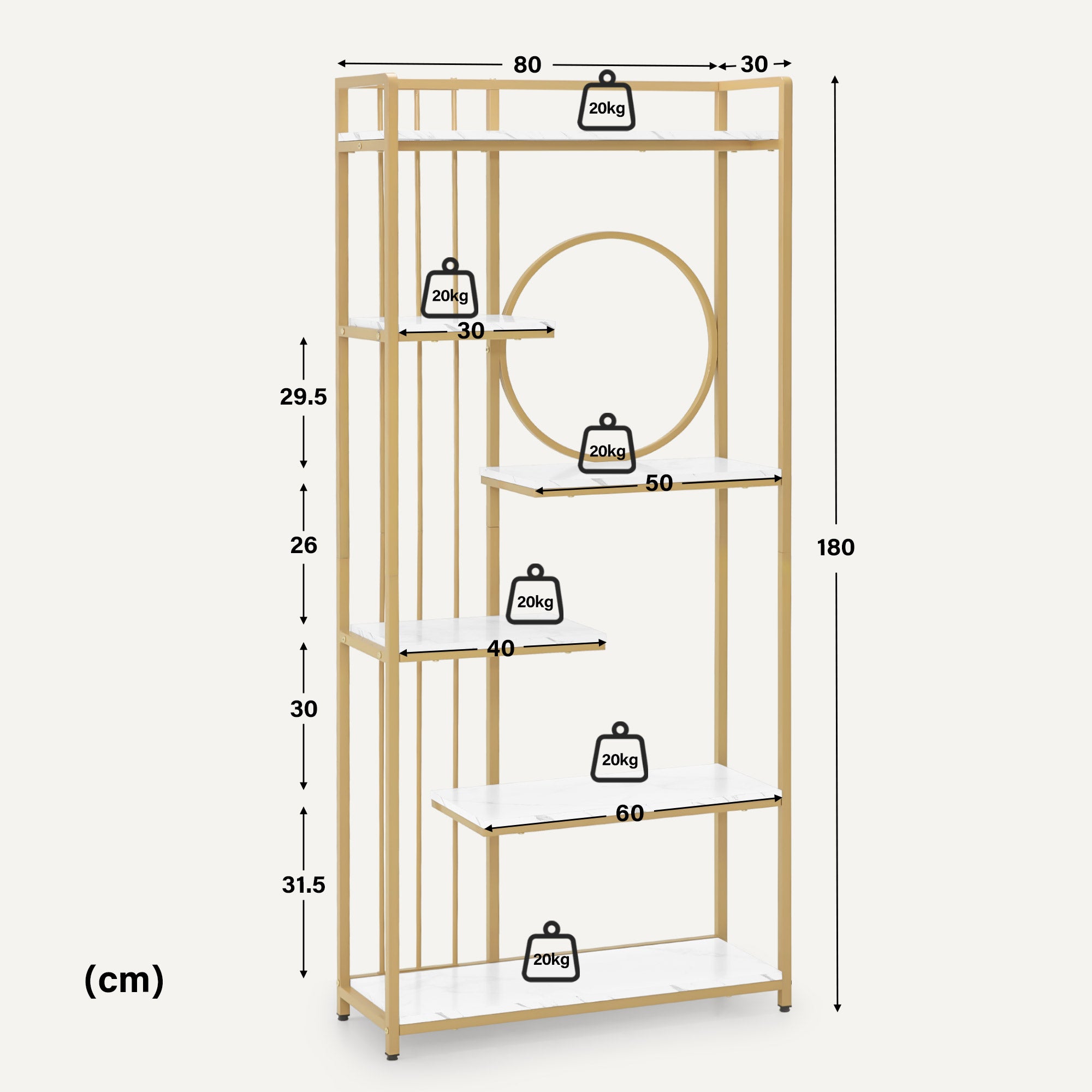 Boekenkast, staand rek met 6 niveaus, metaal, marmer-wit/goud, 30x80x180cm, 5180 – foto 3