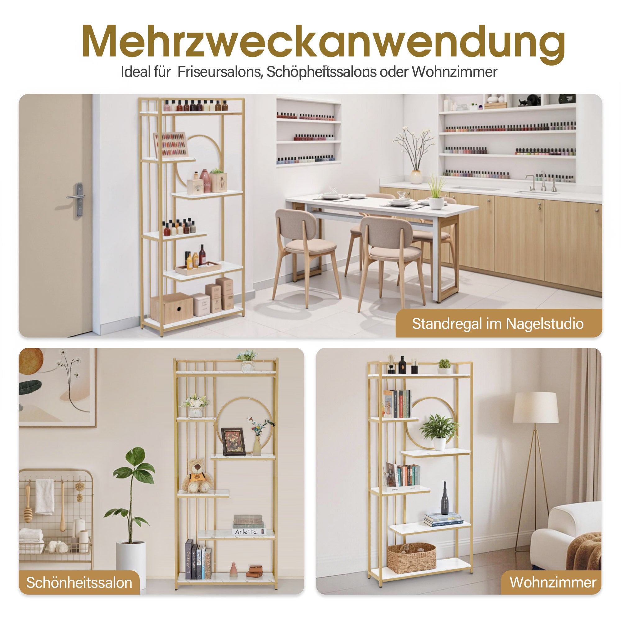 Boekenkast, staand rek met 6 niveaus, metaal, marmer-wit/goud, 30x80x180cm, 5180 – foto 5
