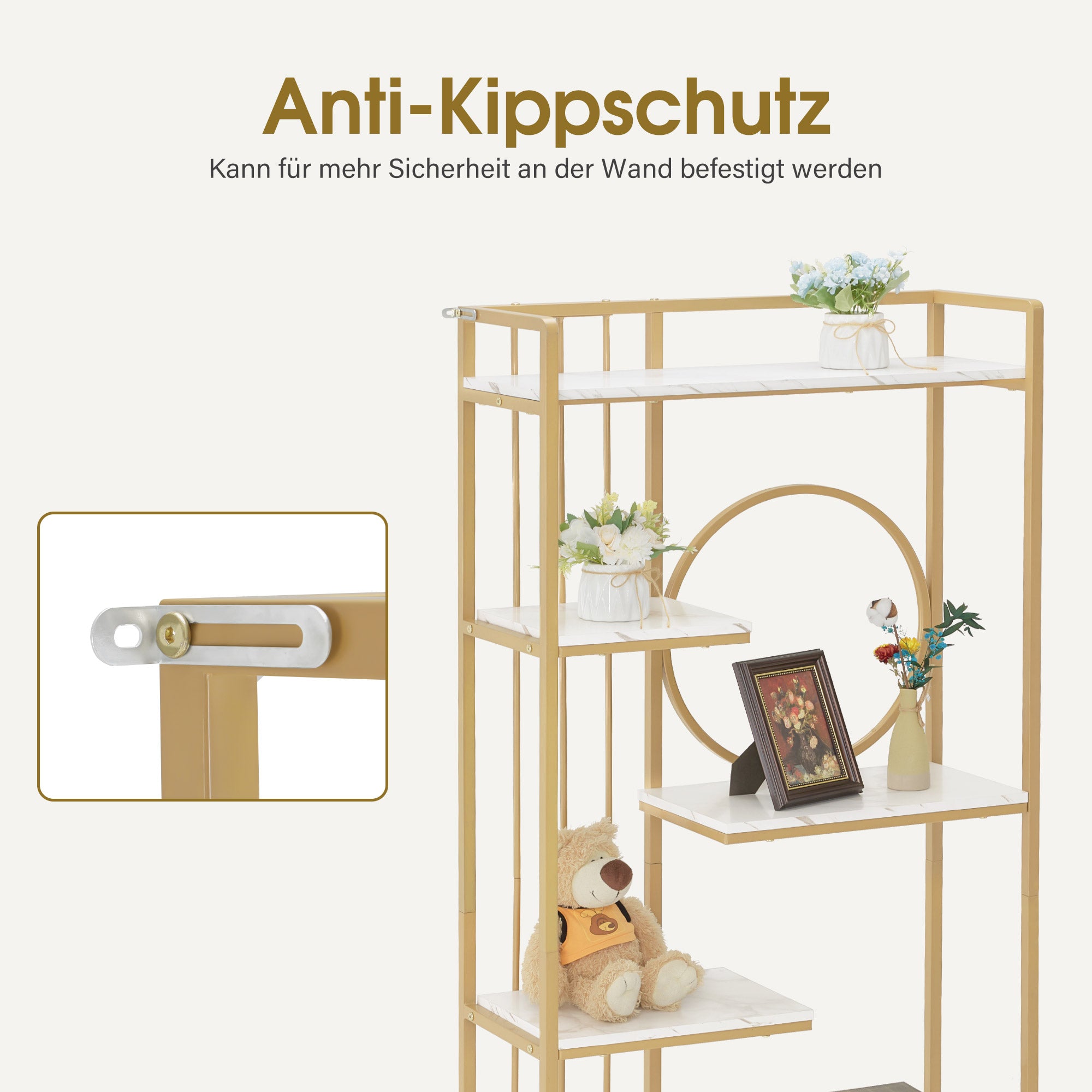 Boekenkast, staand rek met 6 niveaus, metaal, marmer-wit/goud, 30x80x180cm, 5180 – foto 6