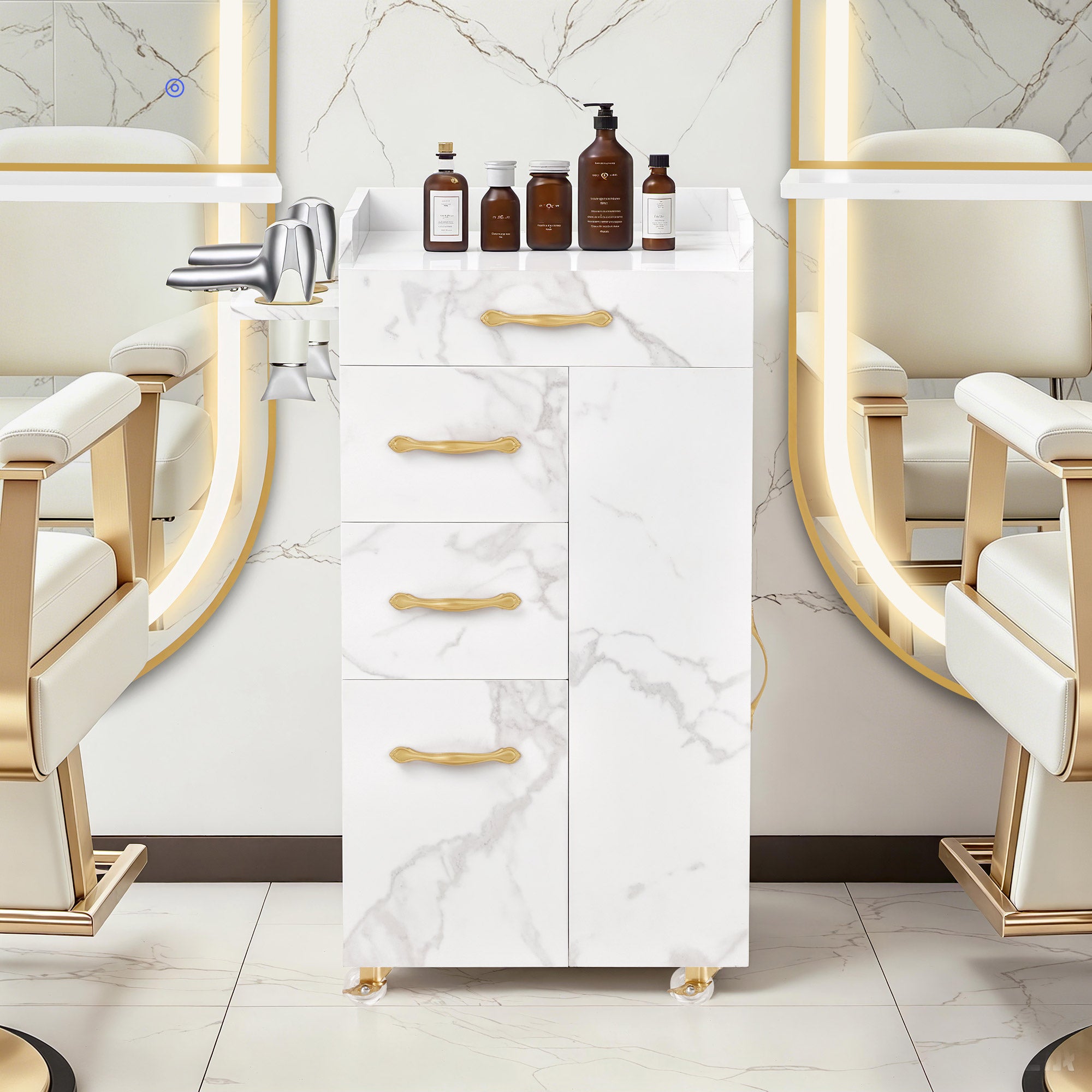 Beauty Salon Trolley met 3 Lades & 2 Kasten, 3 Föhnhouders (Wit-Goud) – foto 2