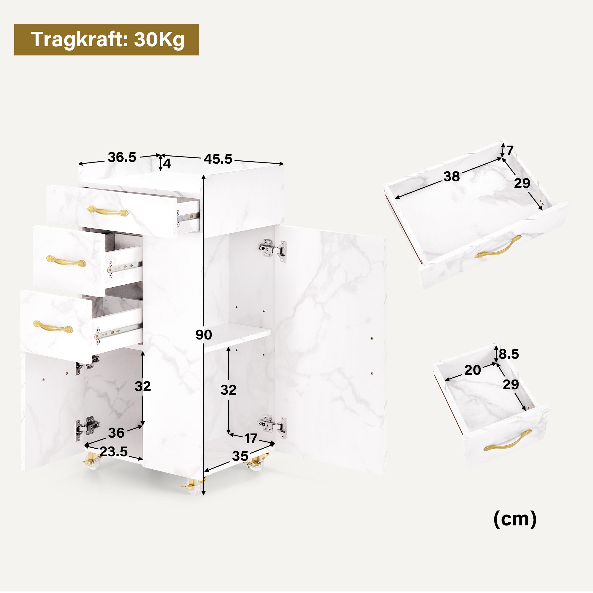 Beauty Salon Trolley met 3 Lades & 2 Kasten, 3 Föhnhouders (Wit-Goud) – foto 3