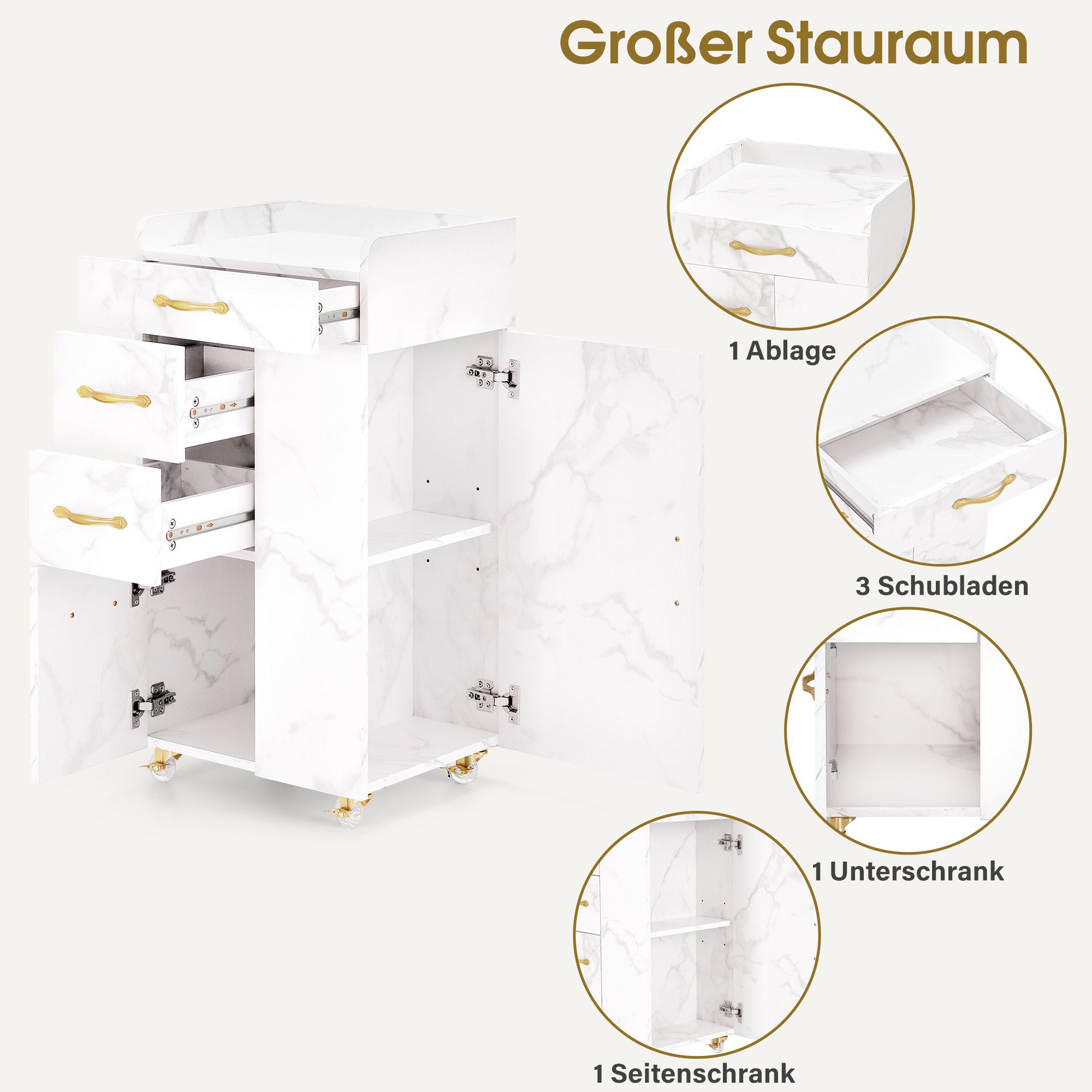 Beauty Salon Trolley met 3 Lades & 2 Kasten, 3 Föhnhouders (Wit-Goud) – foto 4