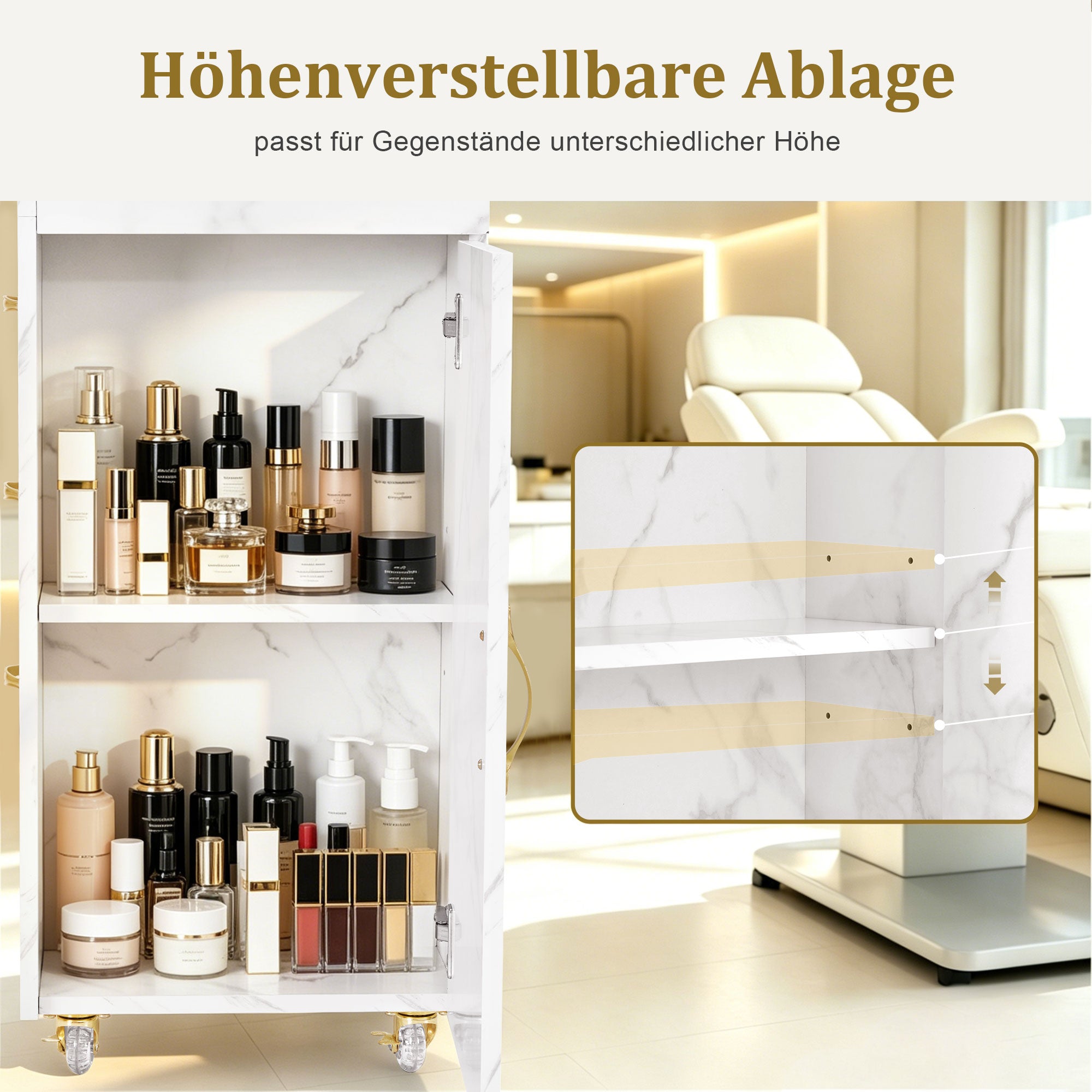 Beauty Salon Trolley met 3 Lades & 2 Kasten, 3 Föhnhouders (Wit-Goud) – foto 6