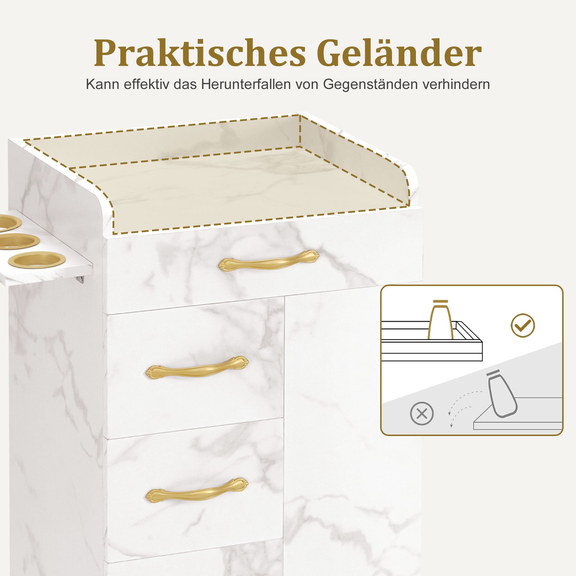 Beauty Salon Trolley met 3 Lades & 2 Kasten, 3 Föhnhouders (Wit-Goud) – foto 7