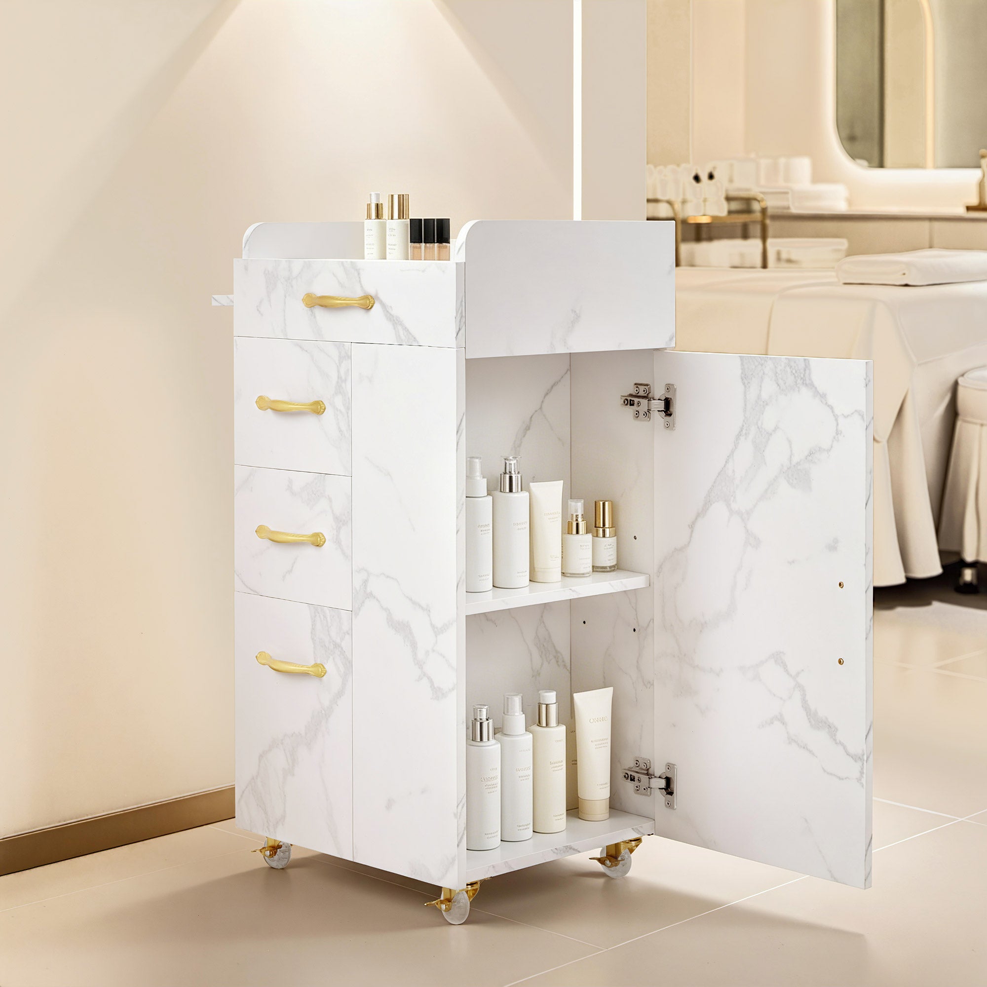 Beauty Salon Trolley met 3 Lades & 2 Kasten, 3 Föhnhouders (Wit-Goud) – foto 9