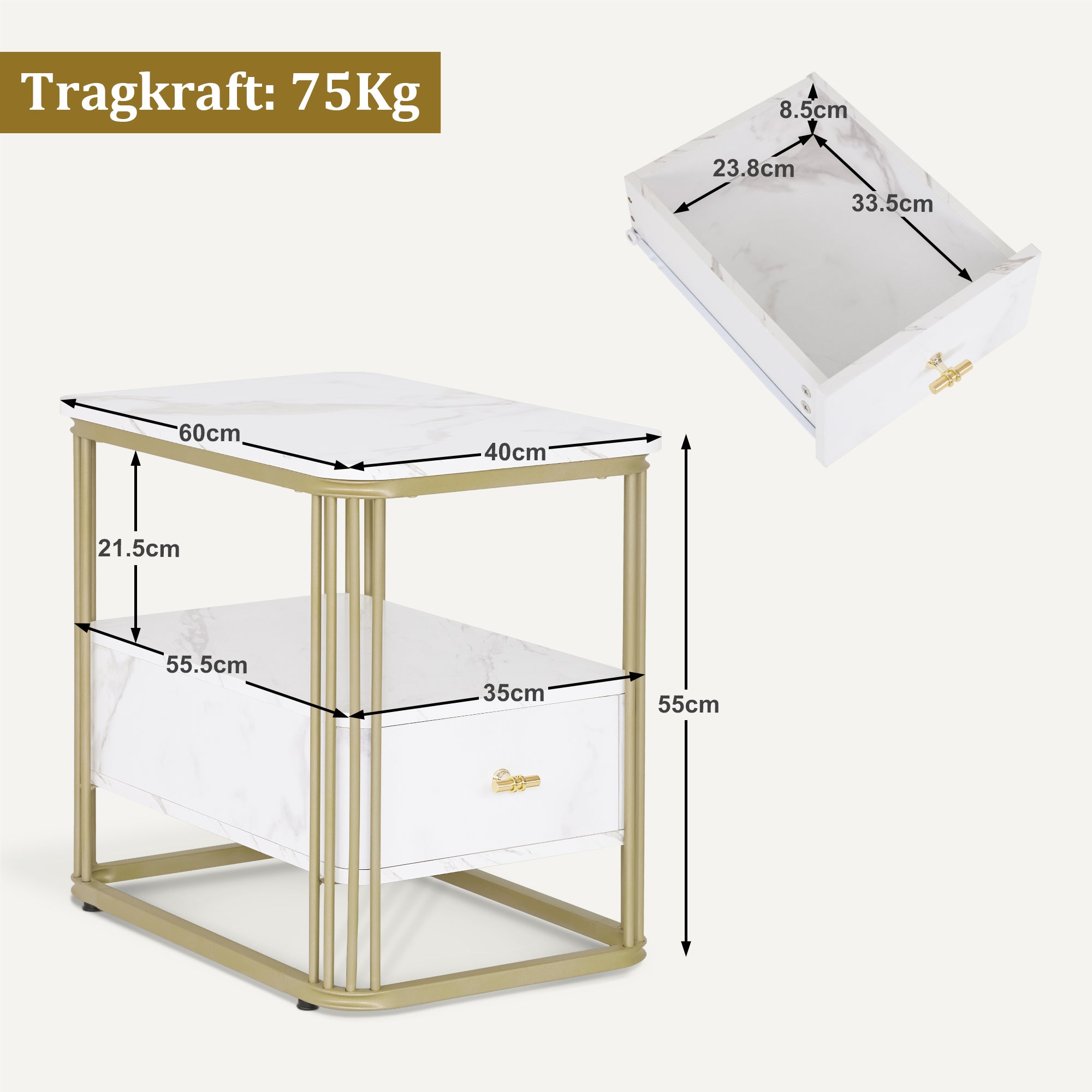bijzettafel met lade, marmerlook wit/goud, 2 legplanken, 2138 – foto 3