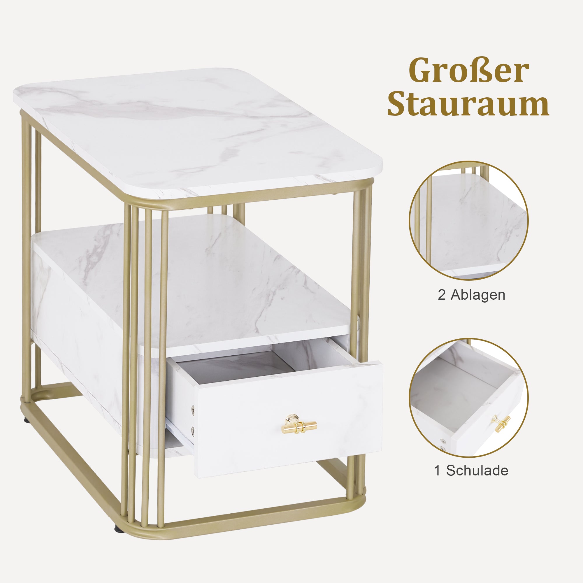 bijzettafel met lade, marmerlook wit/goud, 2 legplanken, 2138 – foto 4