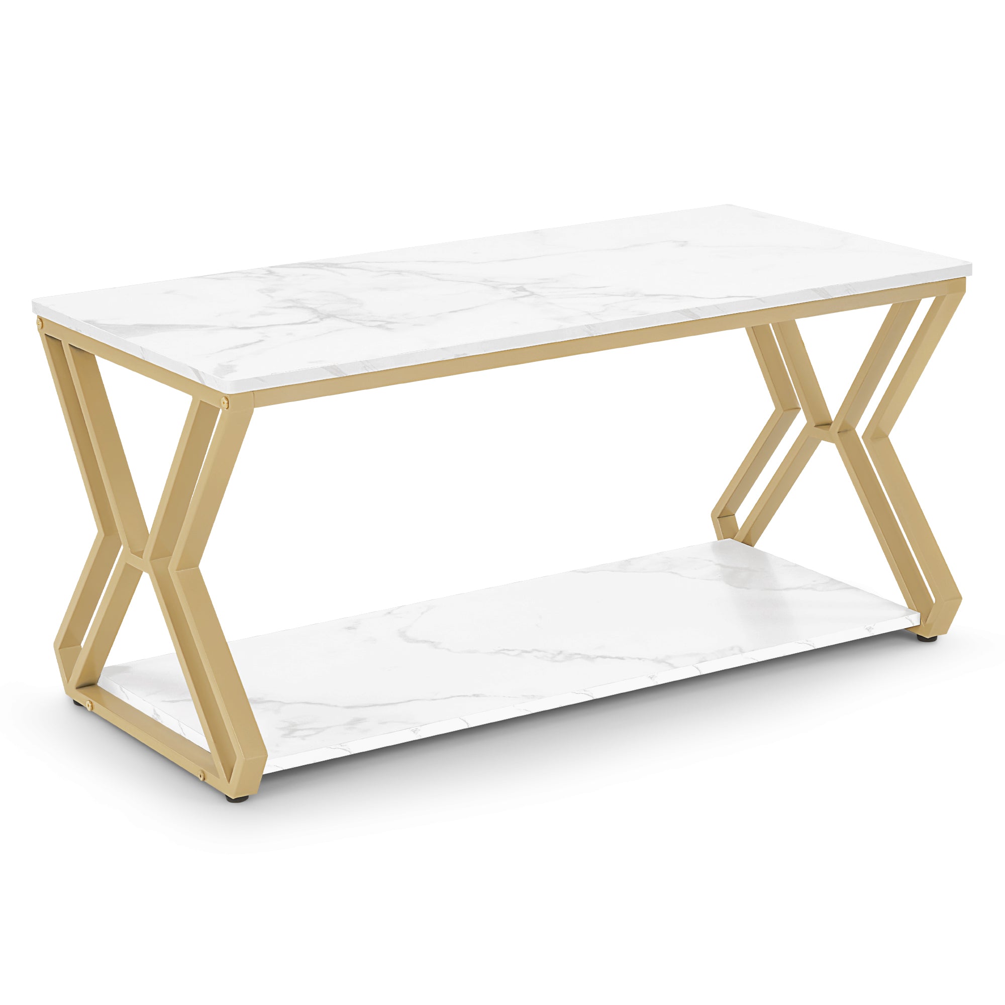 Salontafel goud, 2 planken, hout, marmer-wit, 50x100x48cm, 2196 – foto 1