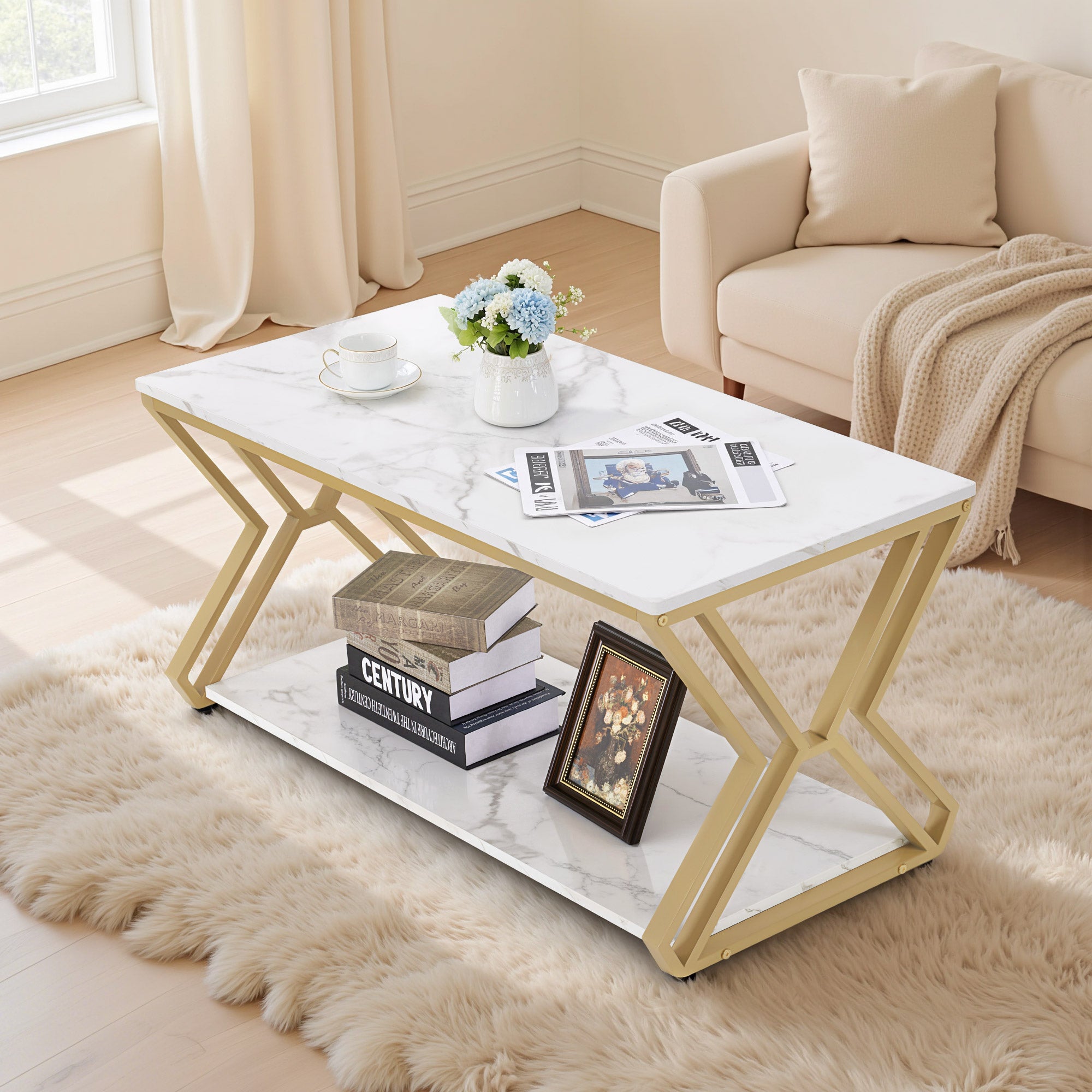 Salontafel goud, 2 planken, hout, marmer-wit, 50x100x48cm, 2196 – foto 2
