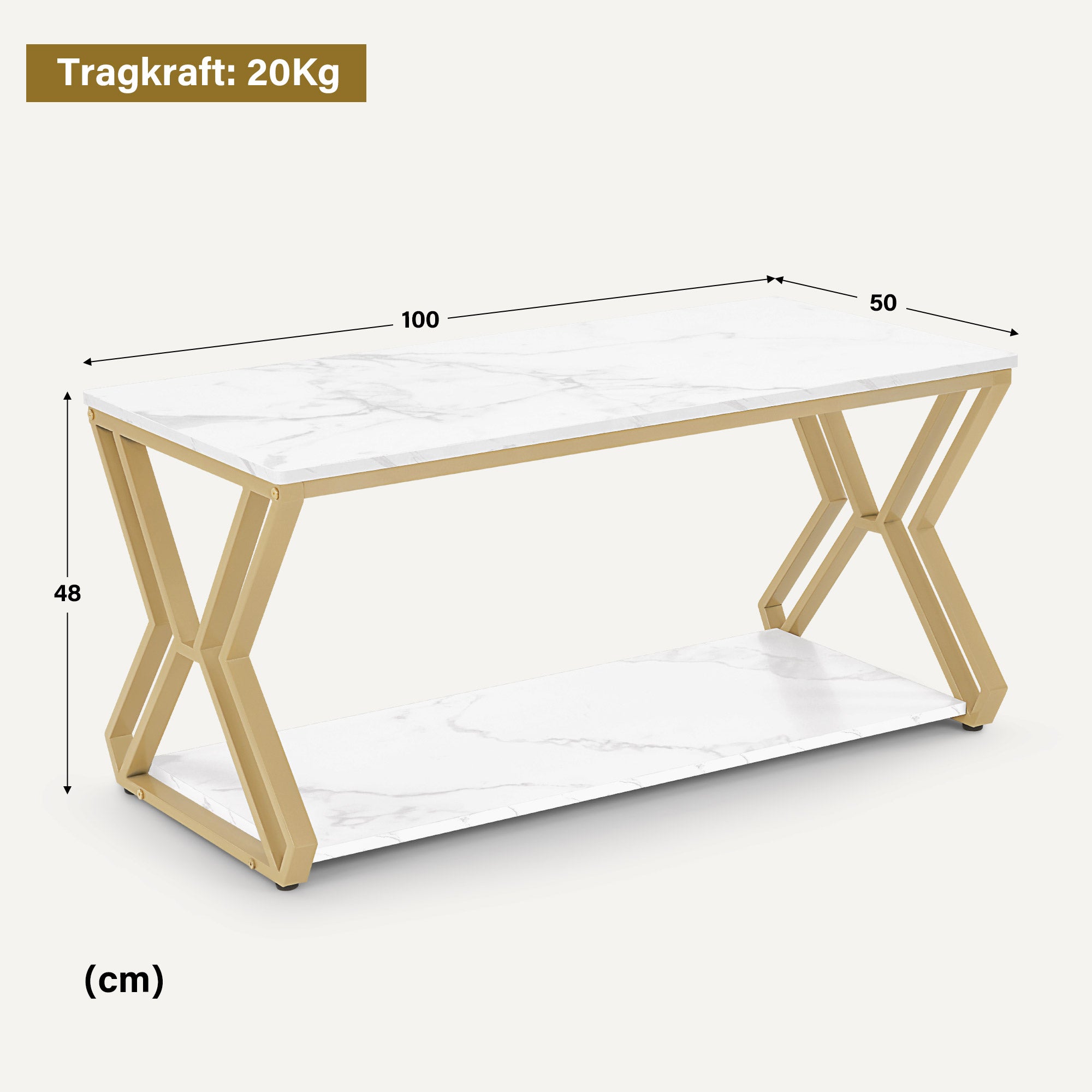 Salontafel goud, 2 planken, hout, marmer-wit, 50x100x48cm, 2196 – foto 3