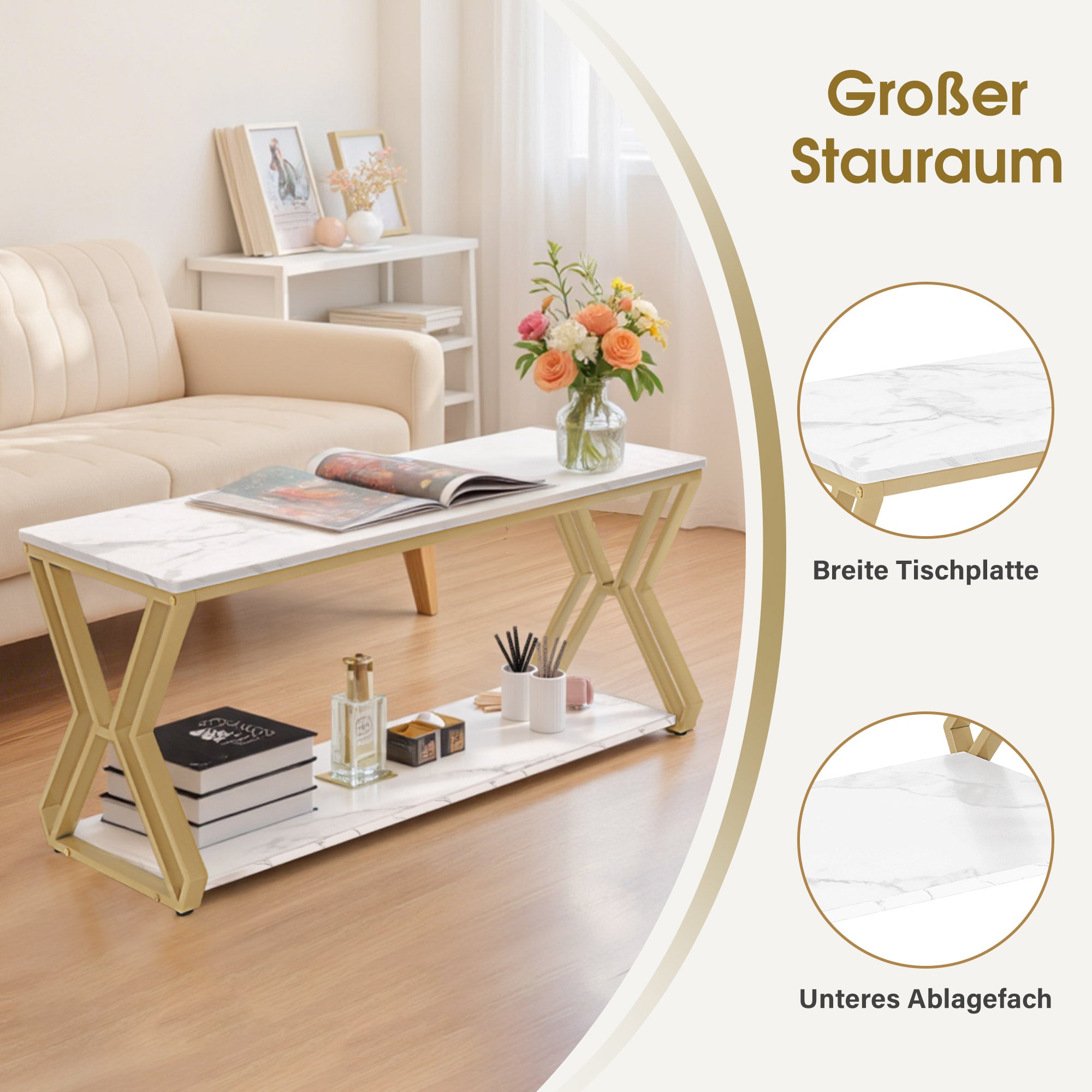 Salontafel goud, 2 planken, hout, marmer-wit, 50x100x48cm, 2196 – foto 4