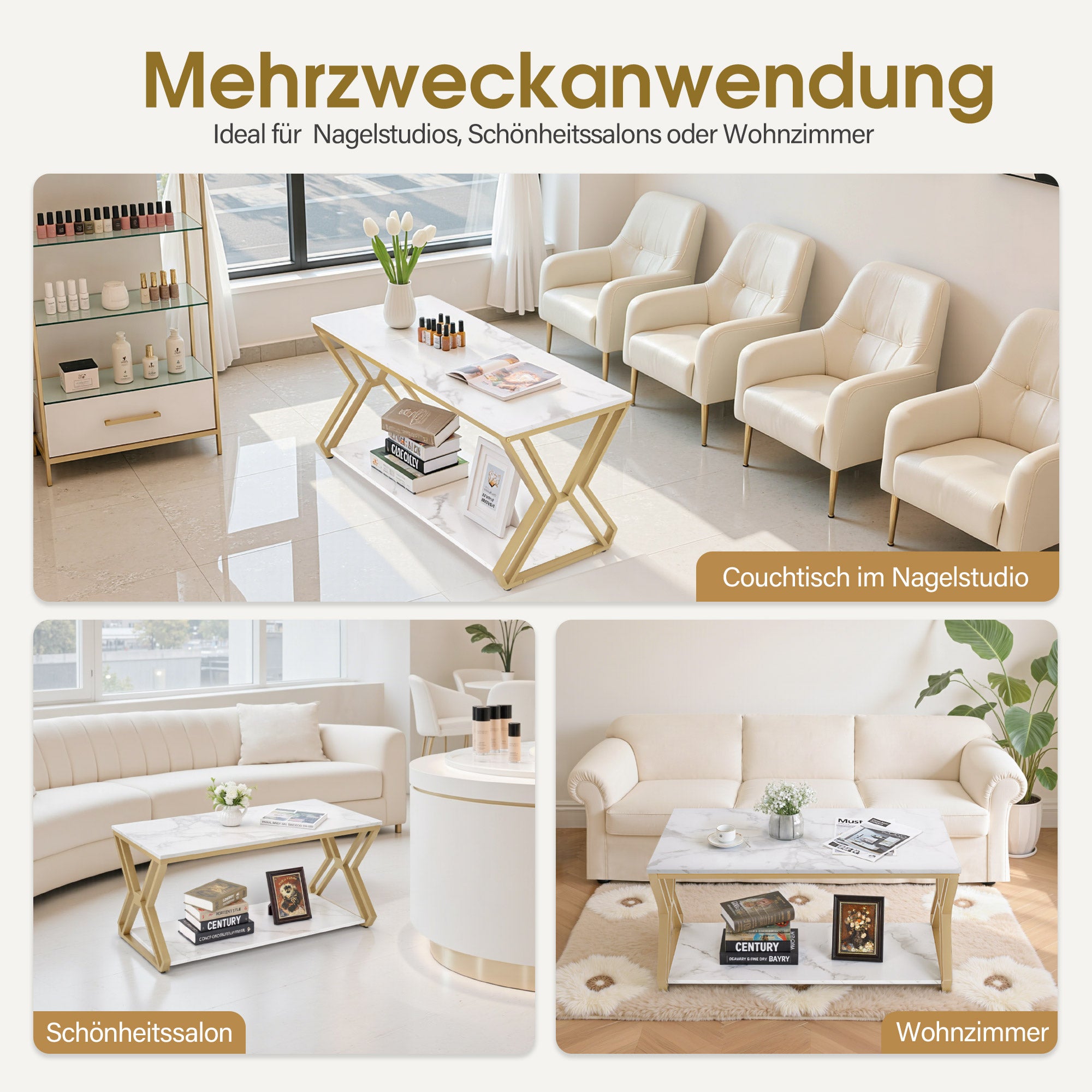 Salontafel goud, 2 planken, hout, marmer-wit, 50x100x48cm, 2196 – foto 5