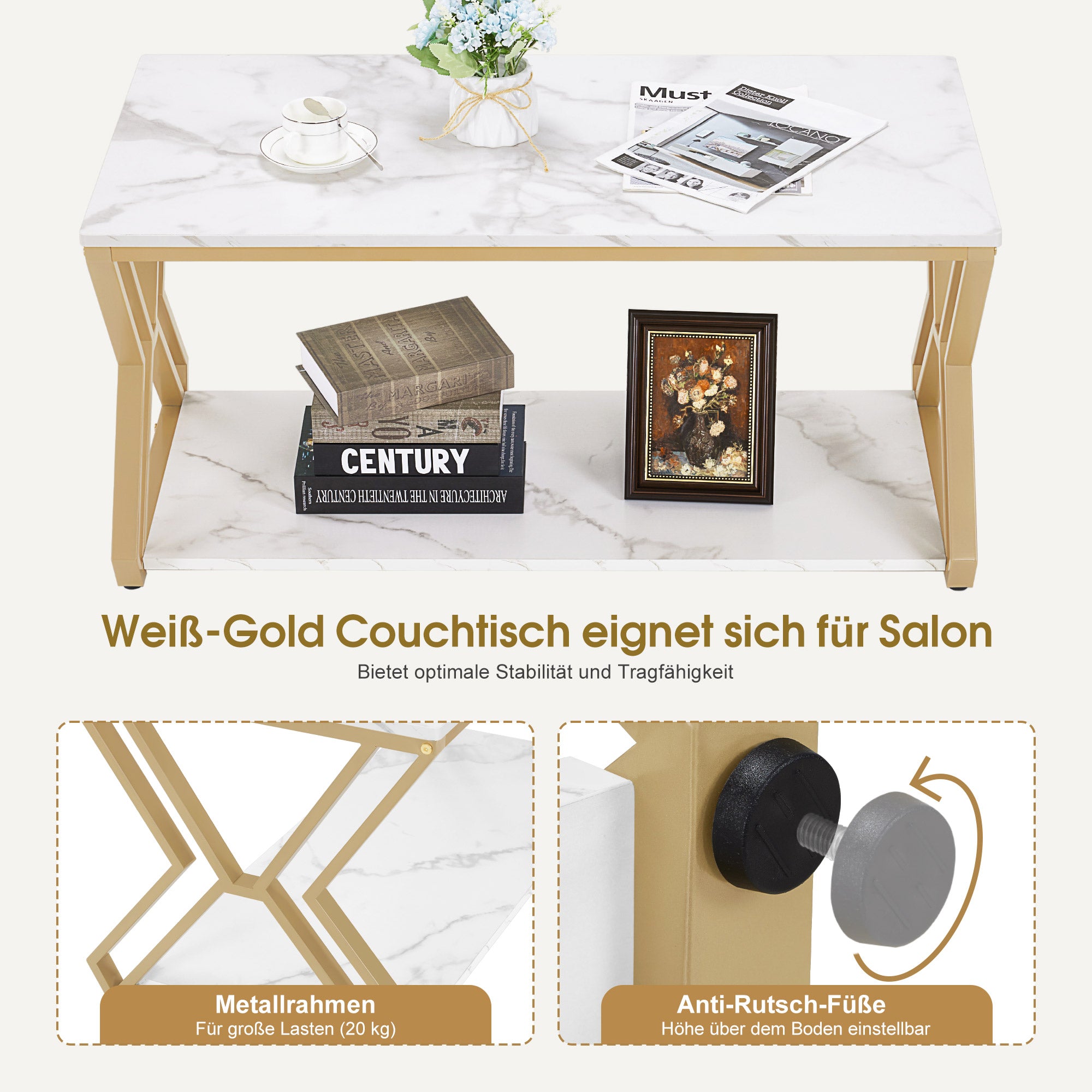 Salontafel goud, 2 planken, hout, marmer-wit, 50x100x48cm, 2196 – foto 6