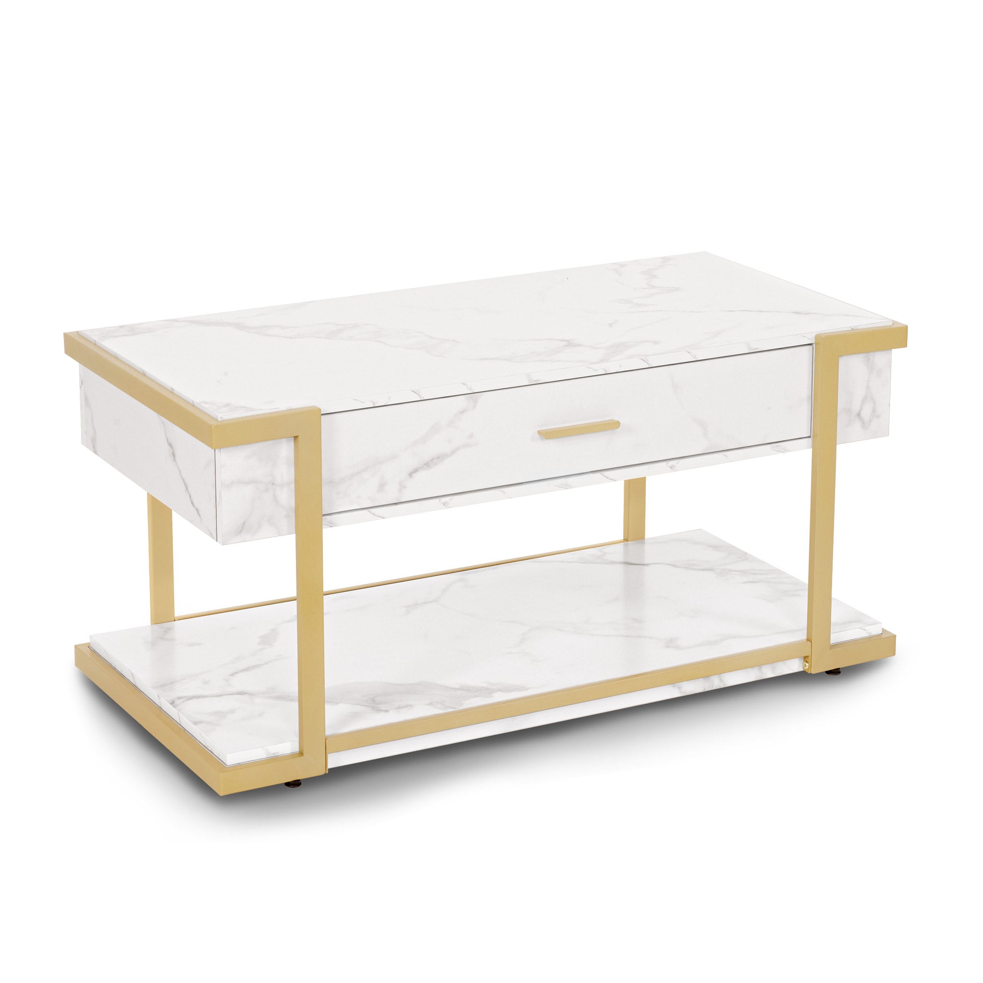 Salontafel Goud met Lade, Marmerlook, 2 Legbladen, 50x100,5x48cm – foto 1