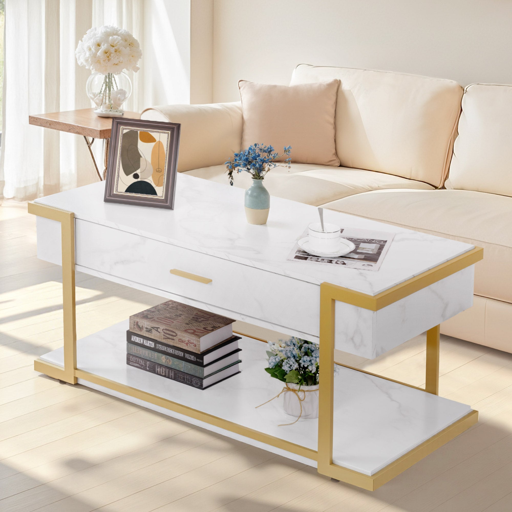 Salontafel Goud met Lade, Marmerlook, 2 Legbladen, 50x100,5x48cm – foto 2