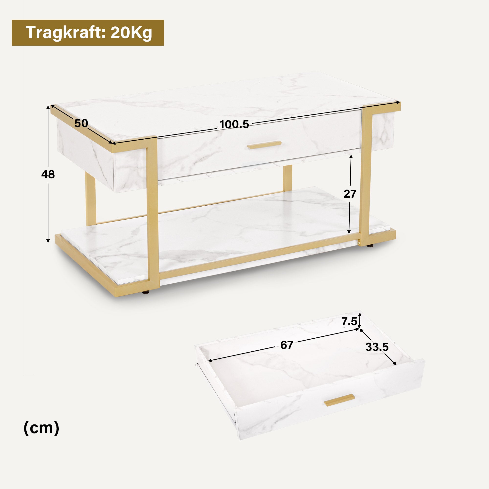 Salontafel Goud met Lade, Marmerlook, 2 Legbladen, 50x100,5x48cm – foto 3