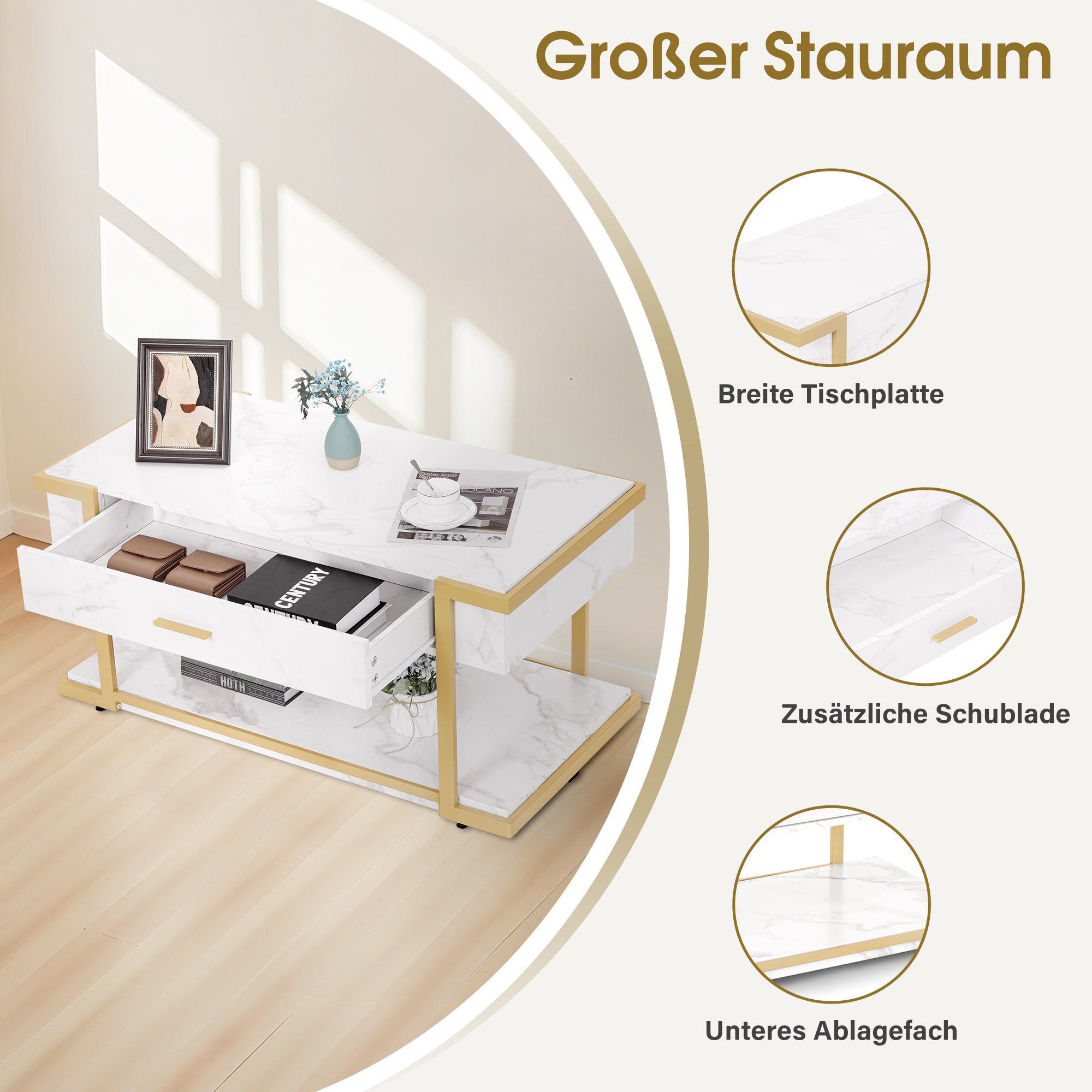 Salontafel Goud met Lade, Marmerlook, 2 Legbladen, 50x100,5x48cm – foto 4