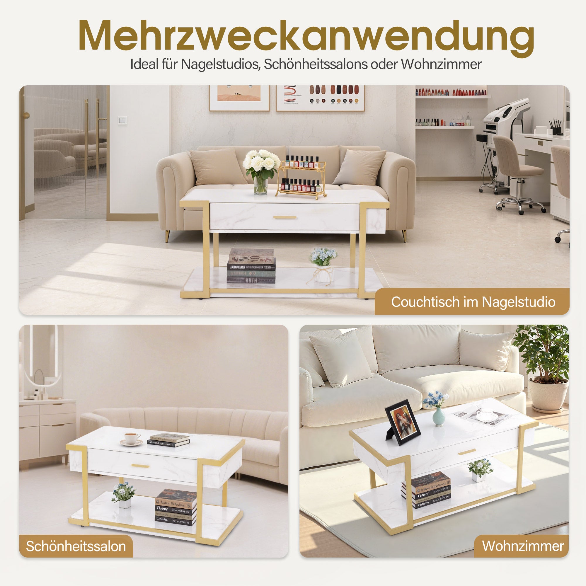Salontafel Goud met Lade, Marmerlook, 2 Legbladen, 50x100,5x48cm – foto 5