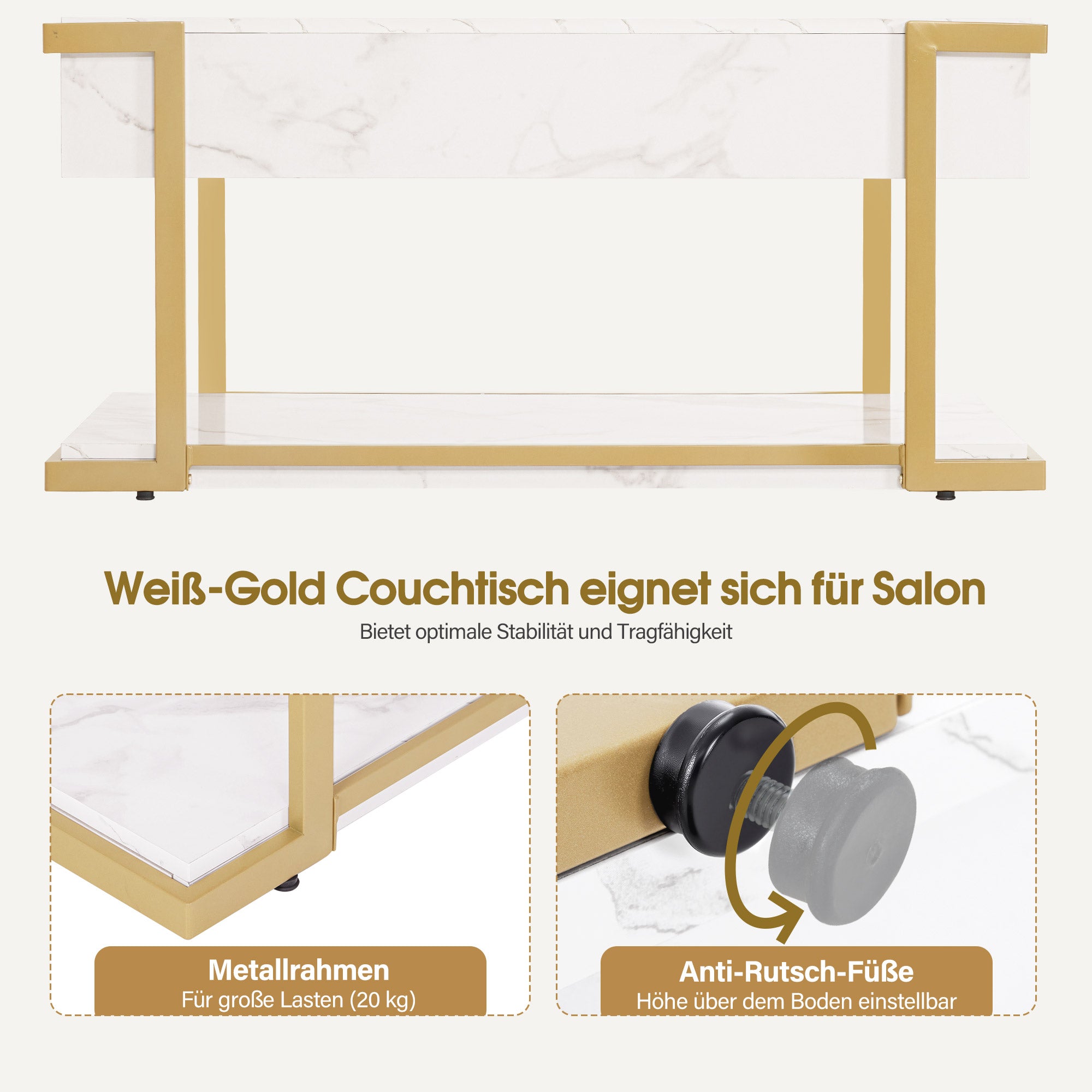 Salontafel Goud met Lade, Marmerlook, 2 Legbladen, 50x100,5x48cm – foto 6