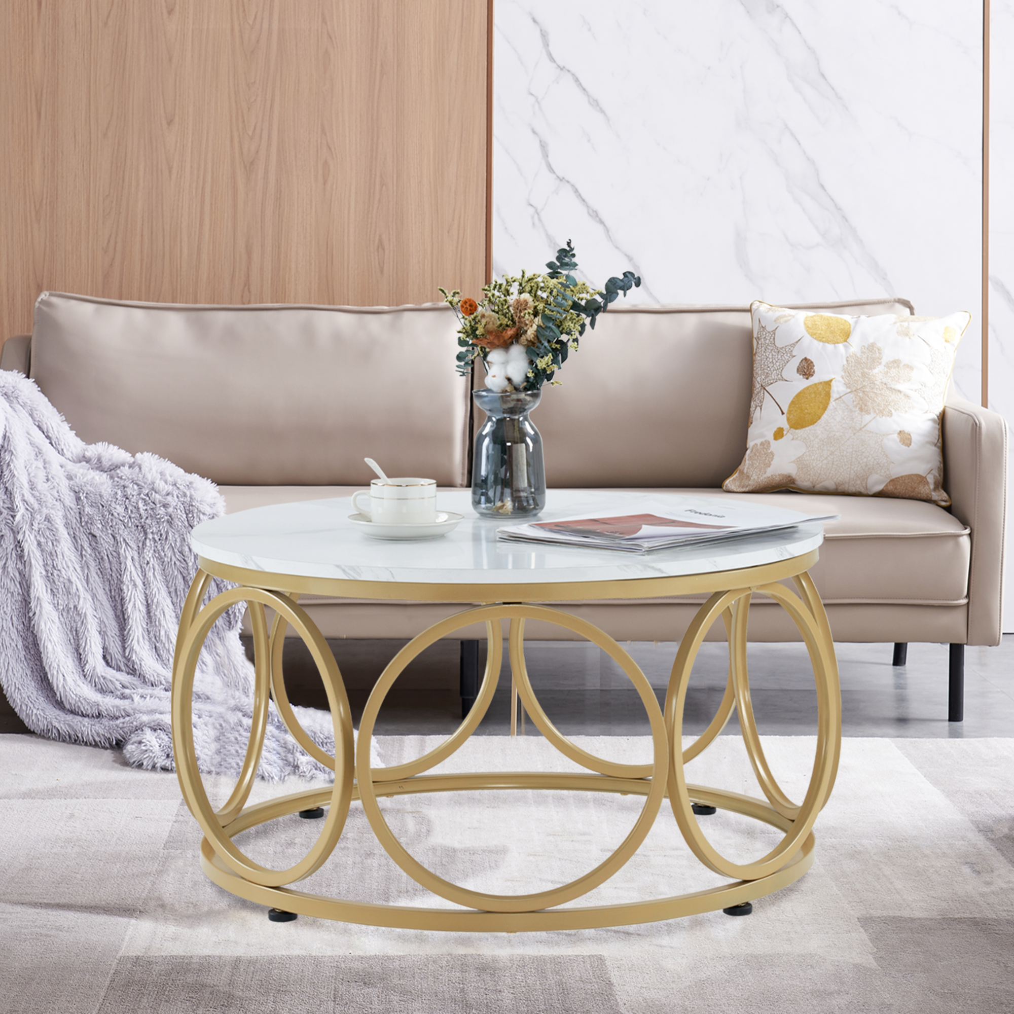 Salontafel Rond Hout, Modern Sofatafel Marmer Wit Goud, Bijzettafel Woonkamer – foto 2