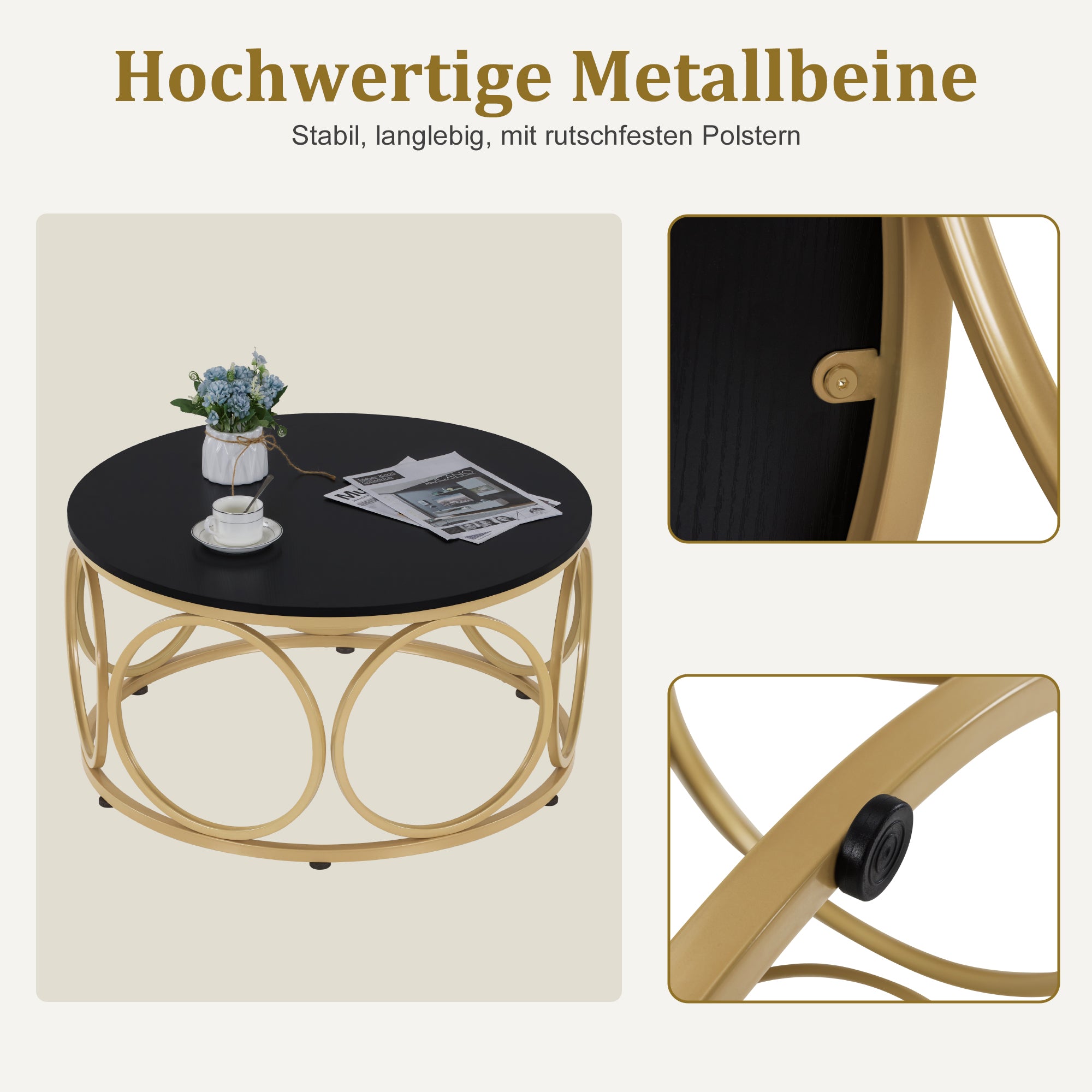 Salontafel Rond Hout, Modern Sofatafel Marmer Wit Goud, Bijzettafel Woonkamer – foto 12