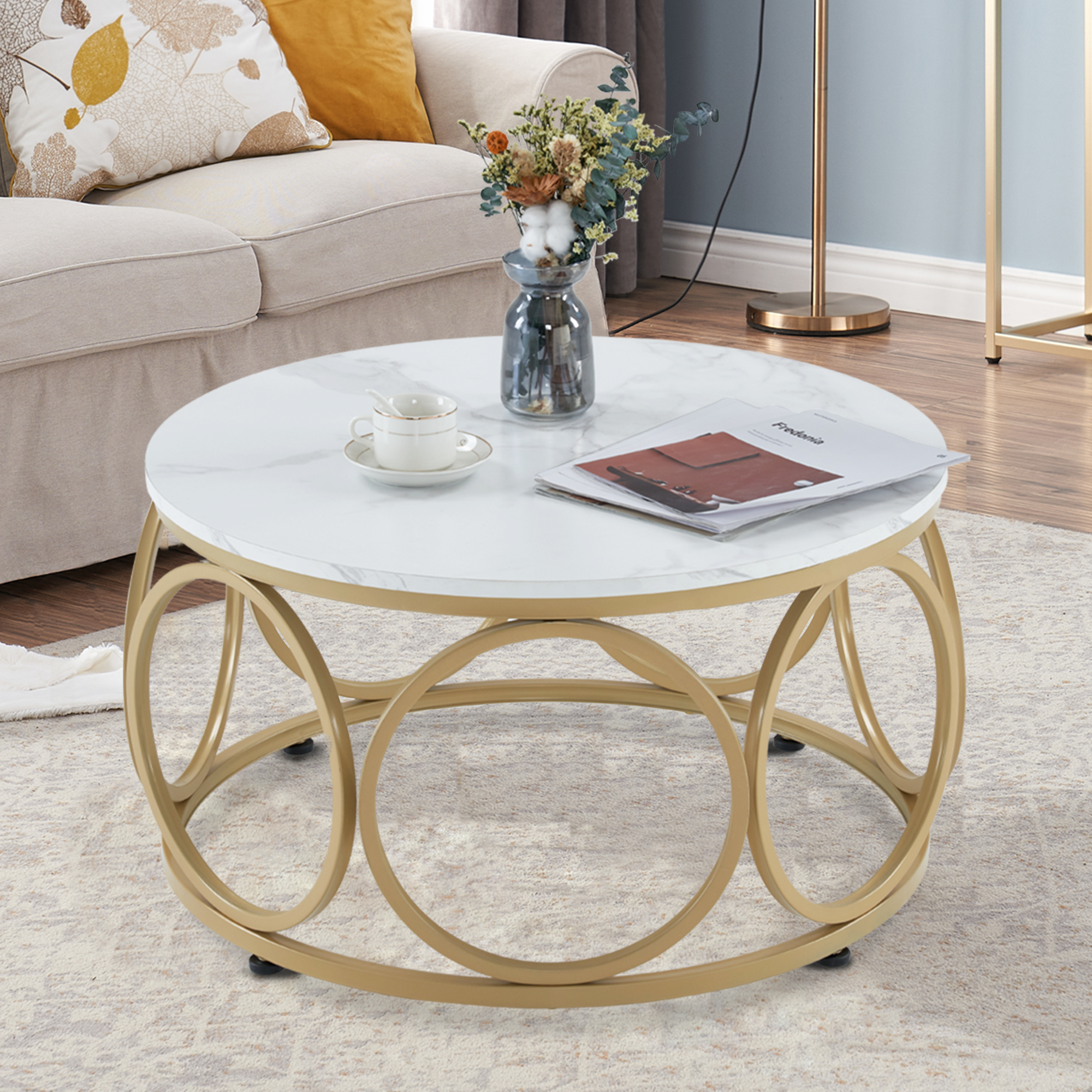 Salontafel Rond Hout, Modern Sofatafel Marmer Wit Goud, Bijzettafel Woonkamer – foto 3