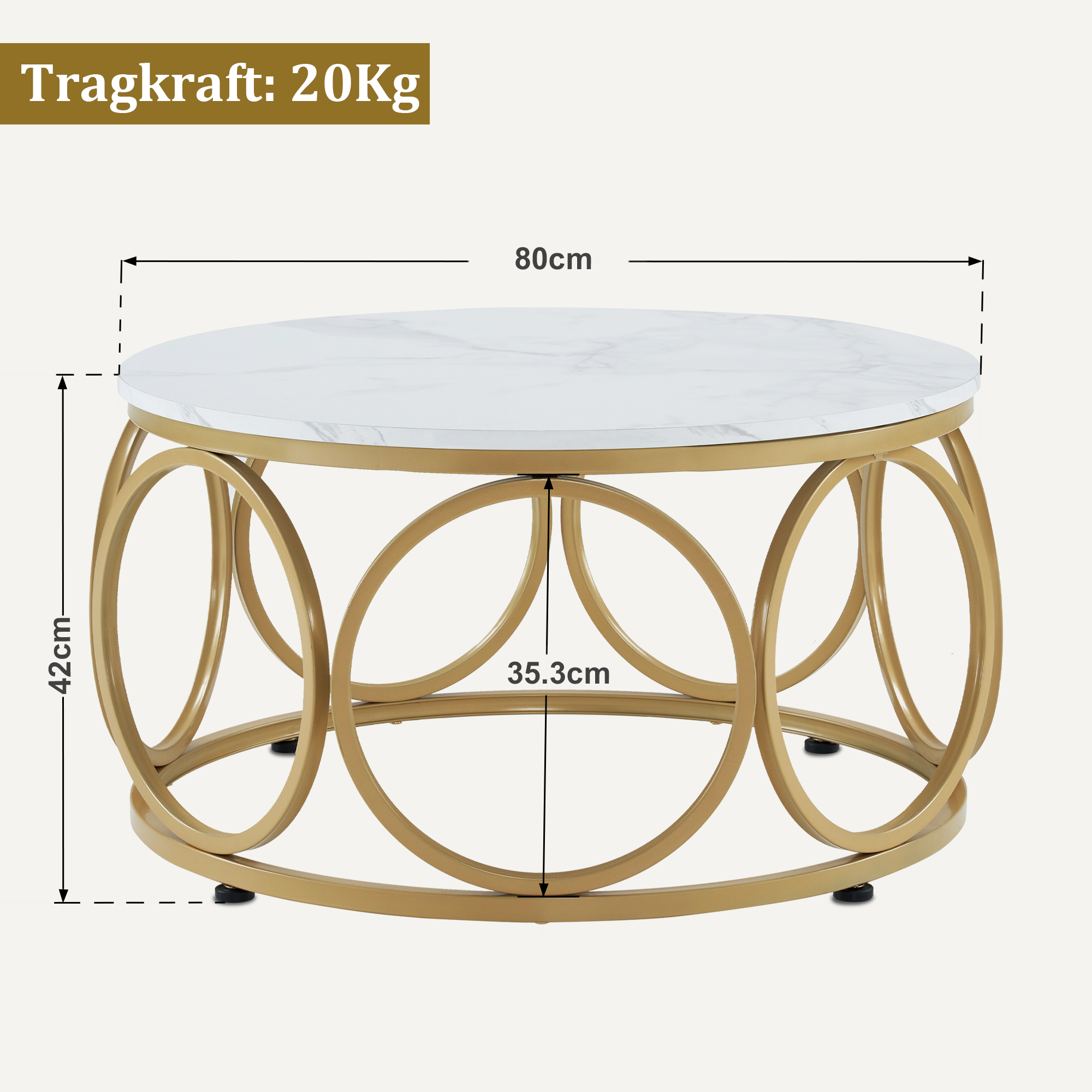 Salontafel Rond Hout, Modern Sofatafel Marmer Wit Goud, Bijzettafel Woonkamer – foto 4