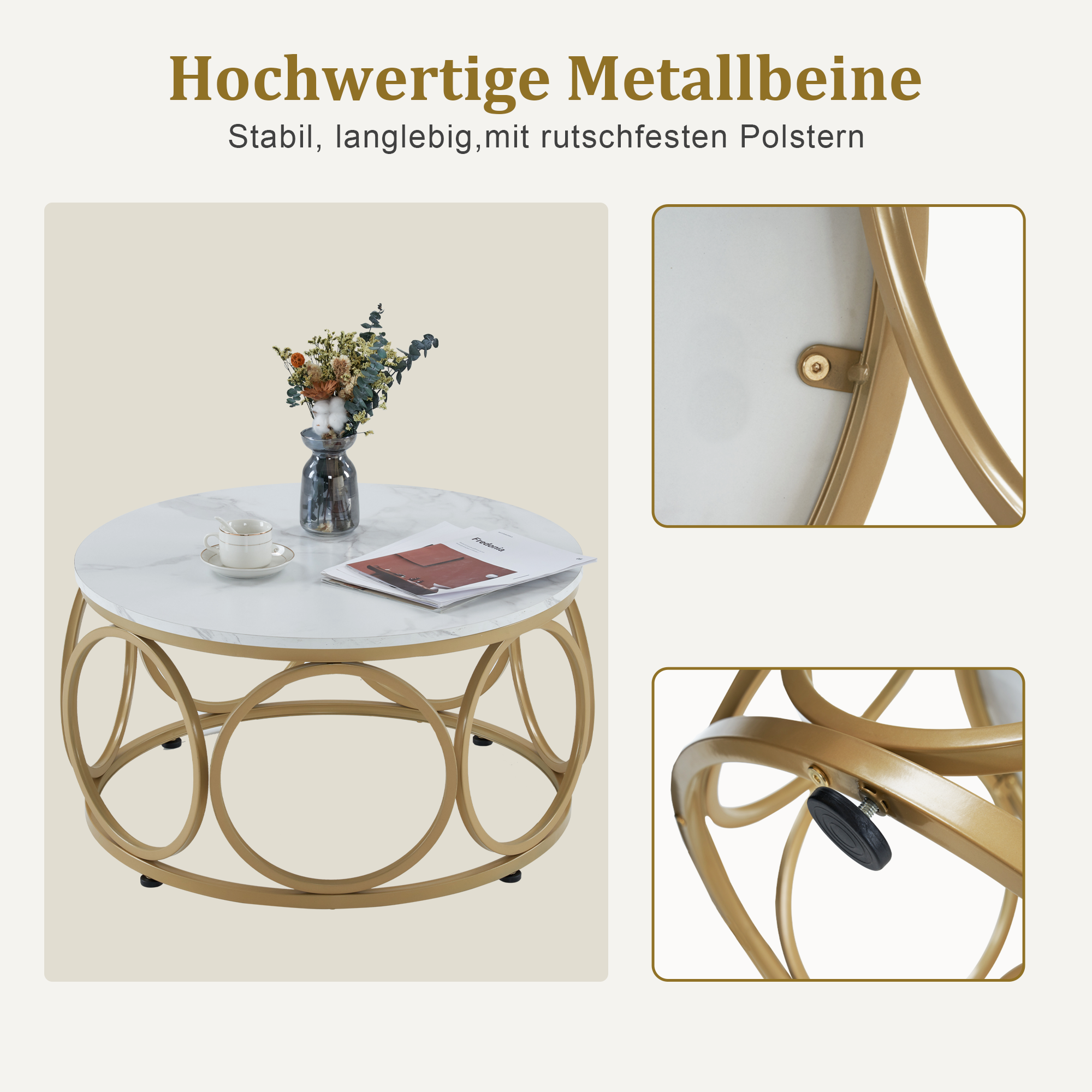 Salontafel Rond Hout, Modern Sofatafel Marmer Wit Goud, Bijzettafel Woonkamer – foto 5