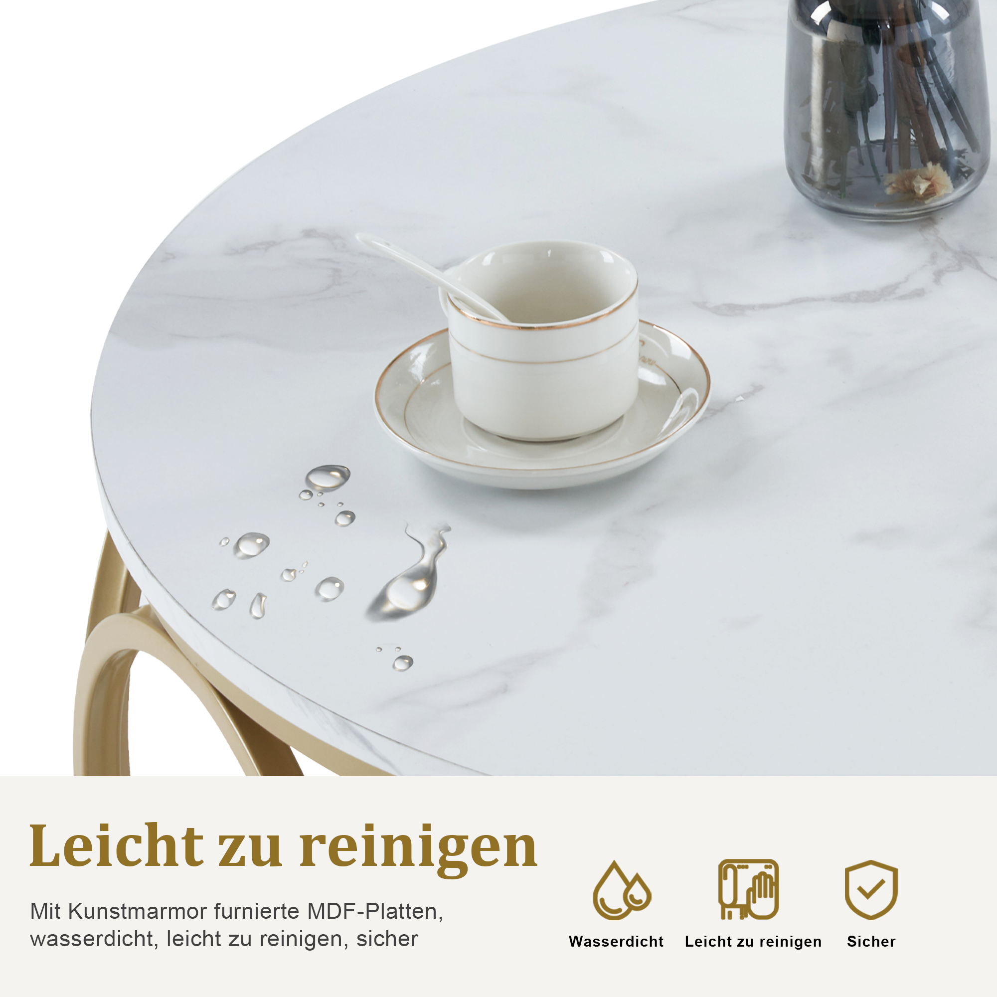 Salontafel Rond Hout, Modern Sofatafel Marmer Wit Goud, Bijzettafel Woonkamer – foto 6